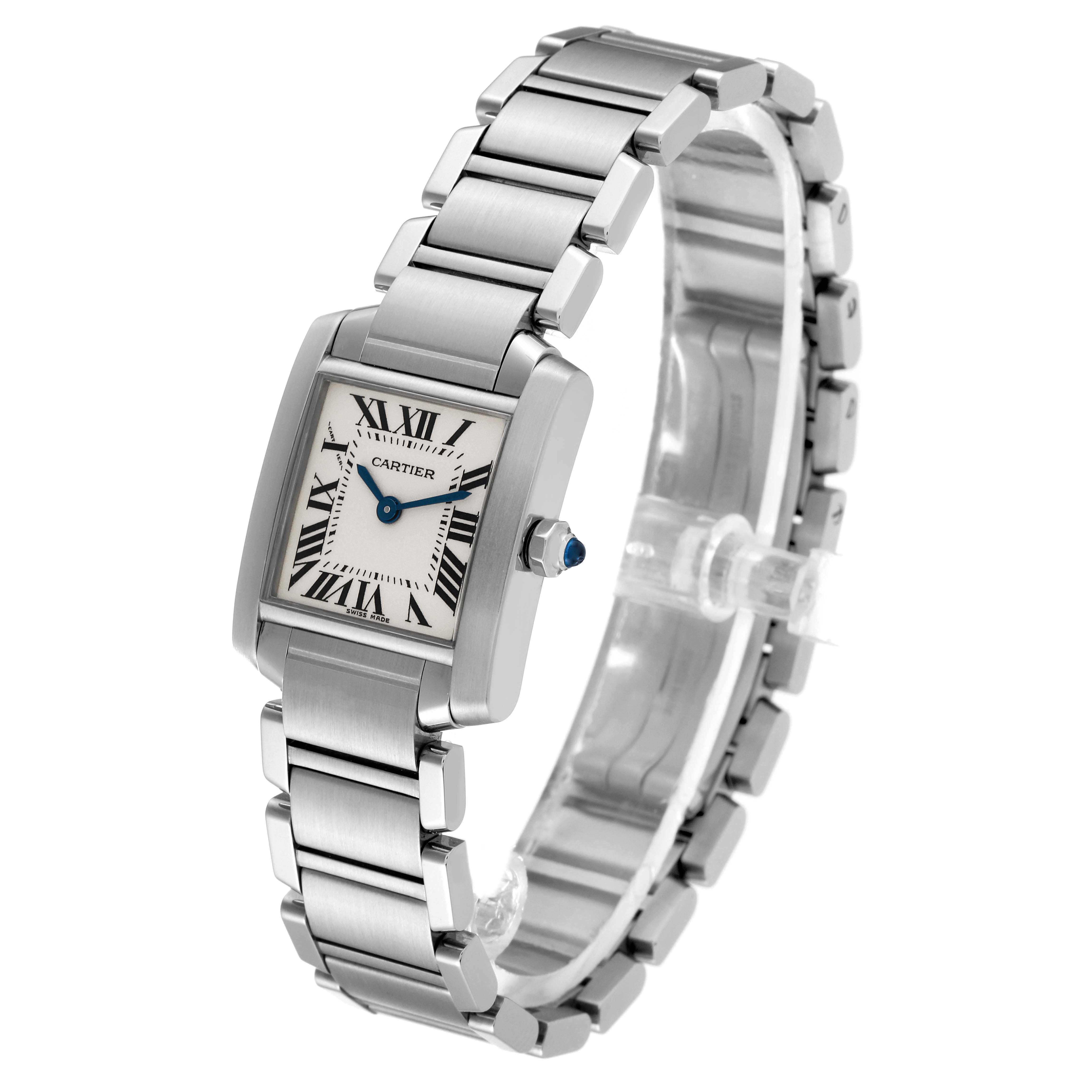 The image shows a Cartier Tank Francaise W51008Q3 Women
s Stainless Steel Silver Dial W51008Q3 Women
s Stainless Steel Silver Dial watch at a three-quarter angle, displaying the face, bracelet, and crown with a blue sapphire.