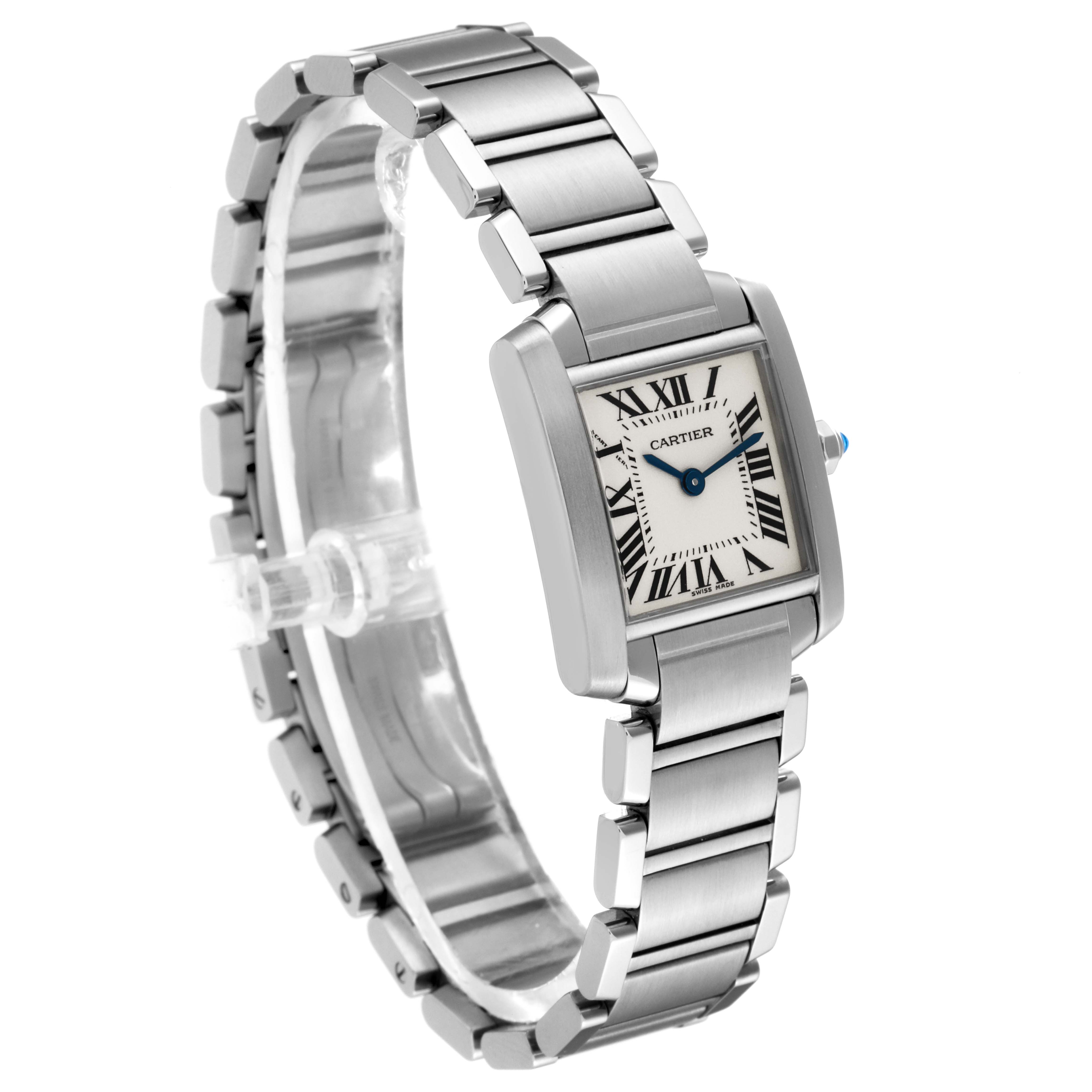The image shows a Cartier Tank Francaise W51008Q3 Women
s Stainless Steel Silver Dial W51008Q3 Women
s Stainless Steel Silver Dial watch at an angle showcasing the face, bezel, and part of the metal bracelet.