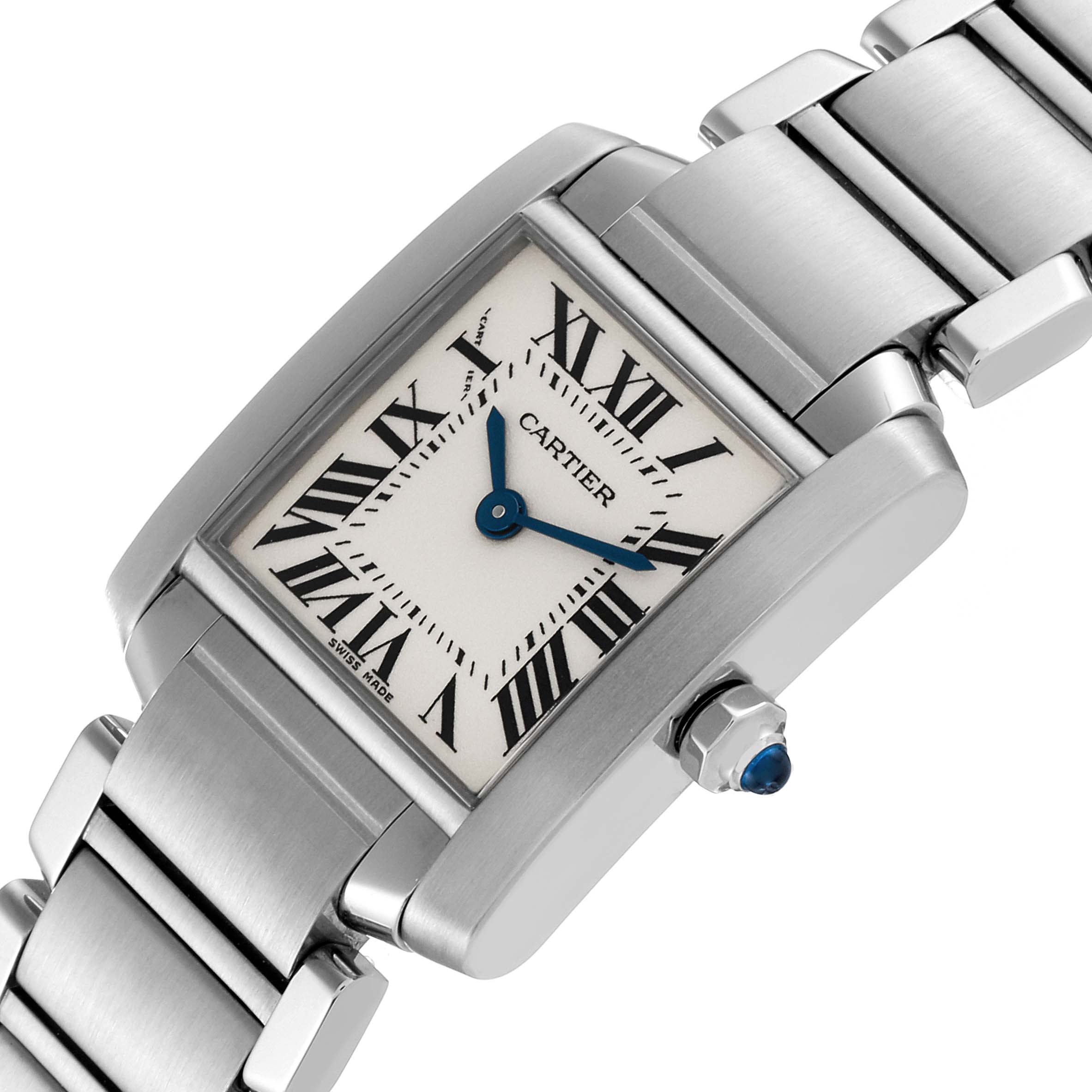 The Cartier Tank Francaise W51008Q3 Women
s Stainless Steel Silver Dial W51008Q3 Women
s Stainless Steel Silver Dial watch is shown at an angle, highlighting its rectangular face, Roman numerals, blue hands, and metal band.