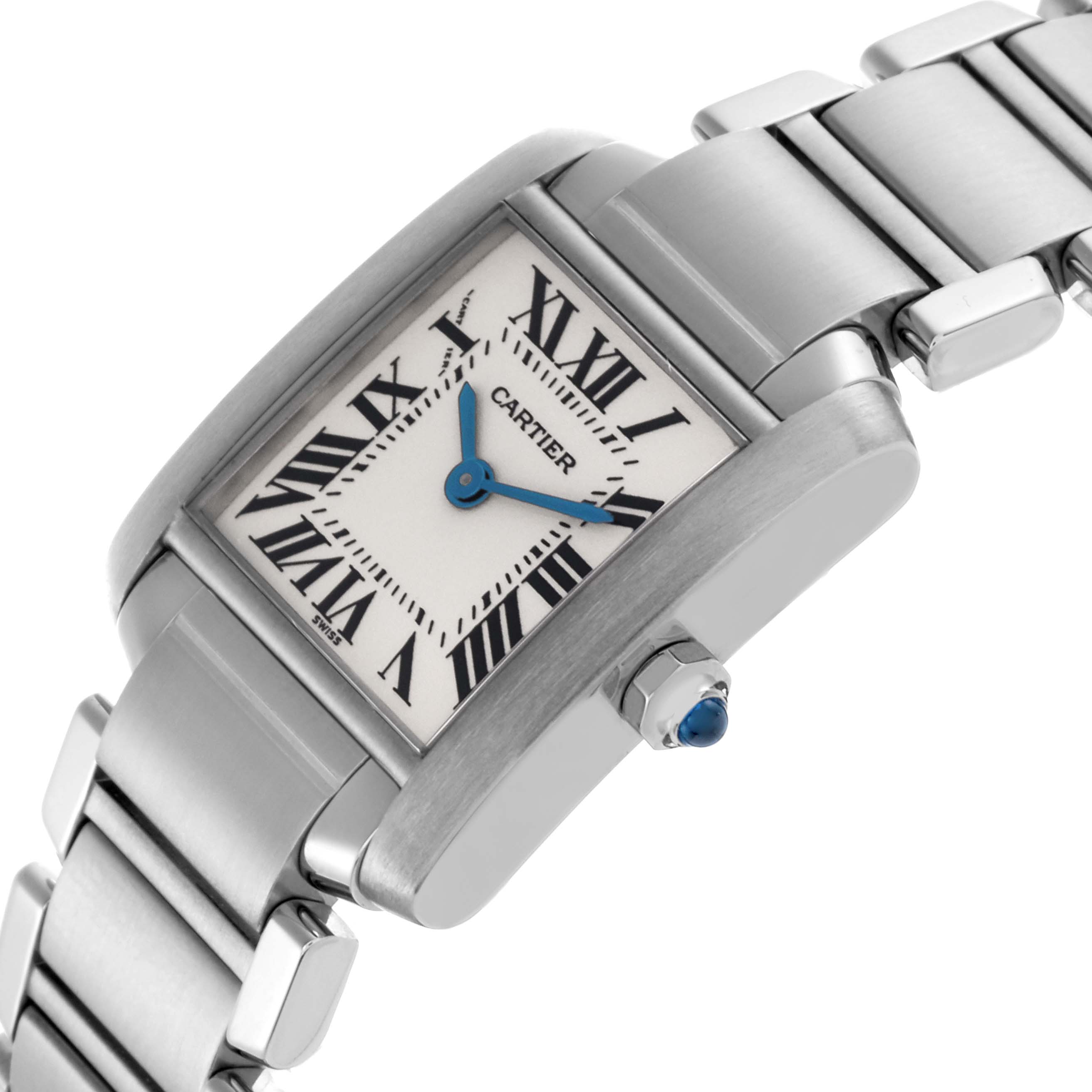 The Cartier Tank Française watch is shown at an angled view displaying its rectangular face, Roman numerals, and metal bracelet.