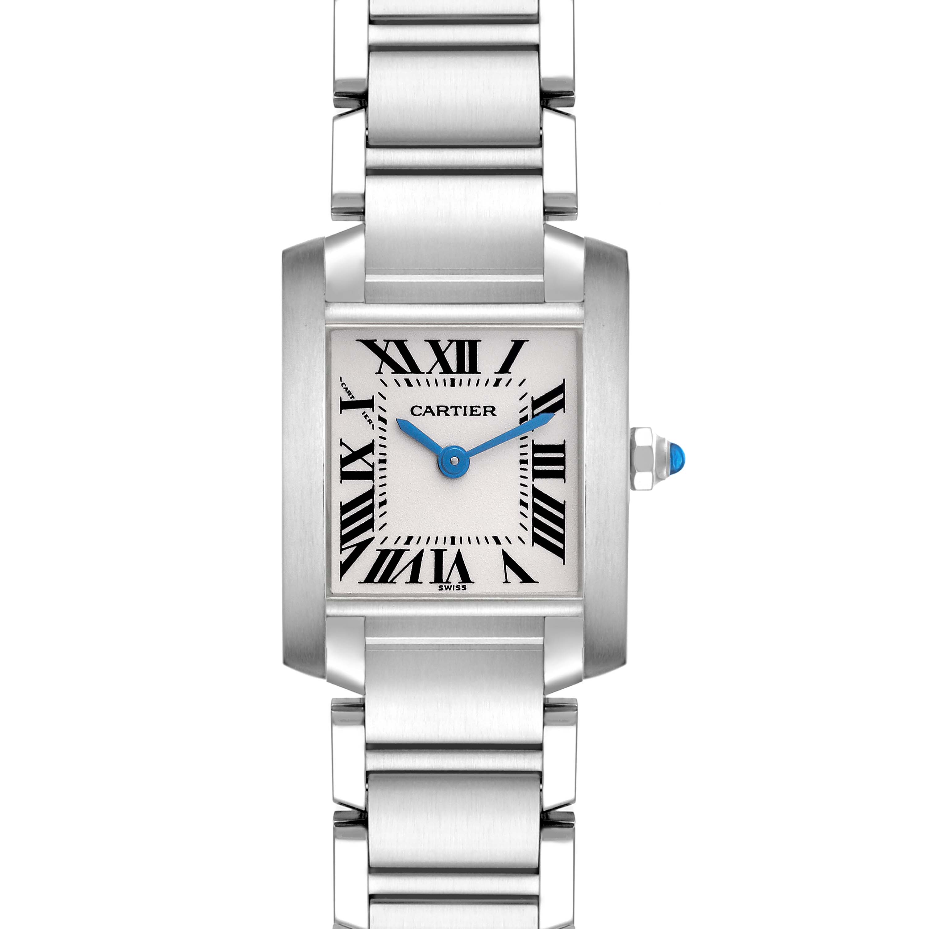 The Cartier Tank Francaise W51008Q3 Women's Stainless Steel Silver Dial W51008Q3 Women's Stainless Steel Silver Dial is shown from the front, highlighting the dial, Roman numerals, blue hands, and part of the bracelet.