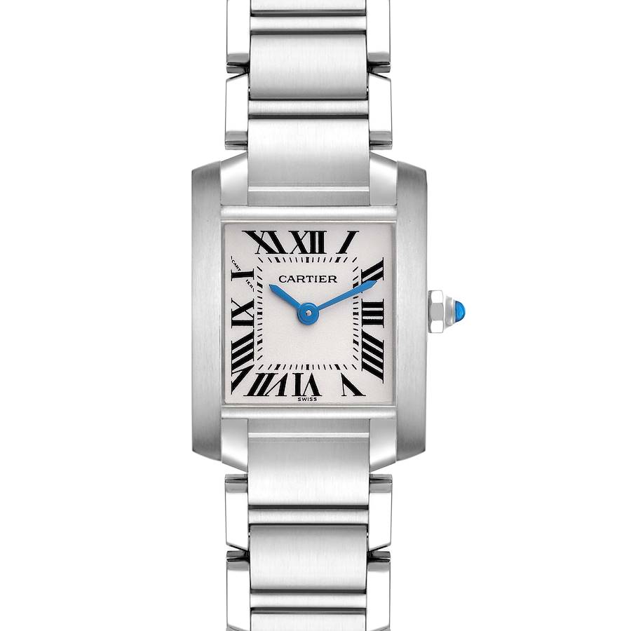 The Cartier Tank Francaise is shown from the front, highlighting the dial, Roman numerals, blue hands, and part of the bracelet.