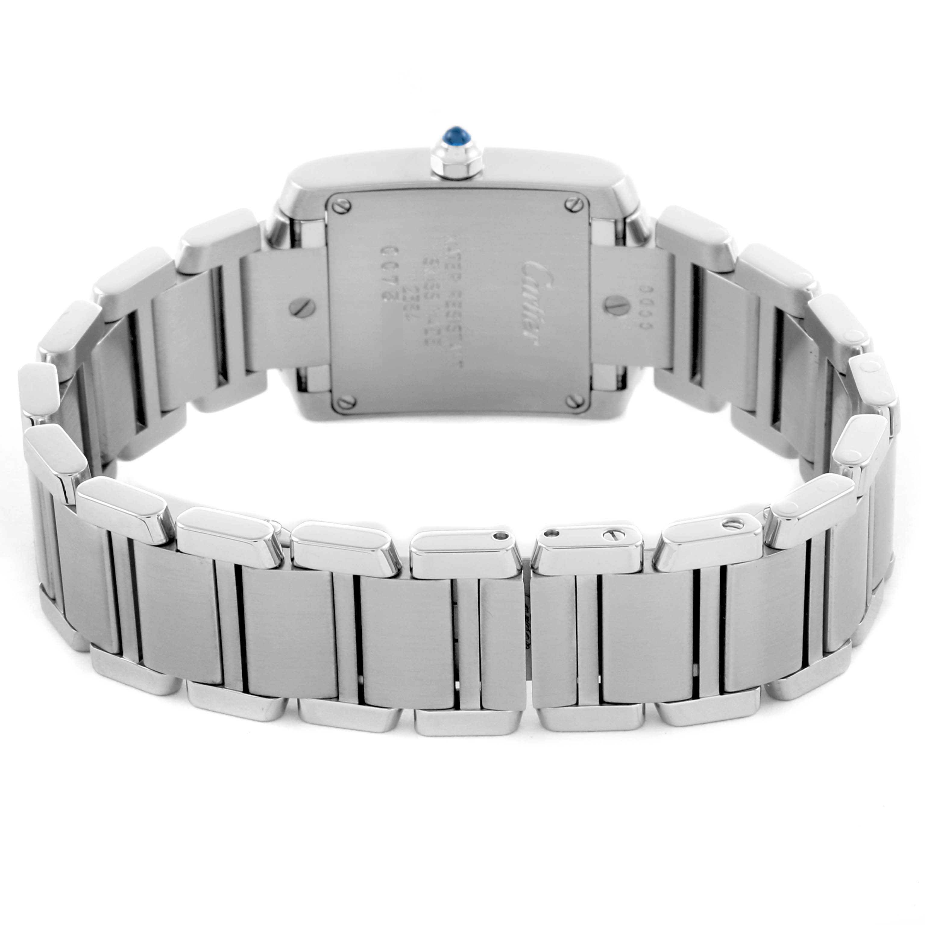 The image shows the back of a Cartier Tank Française watch, featuring its bracelet and case back.