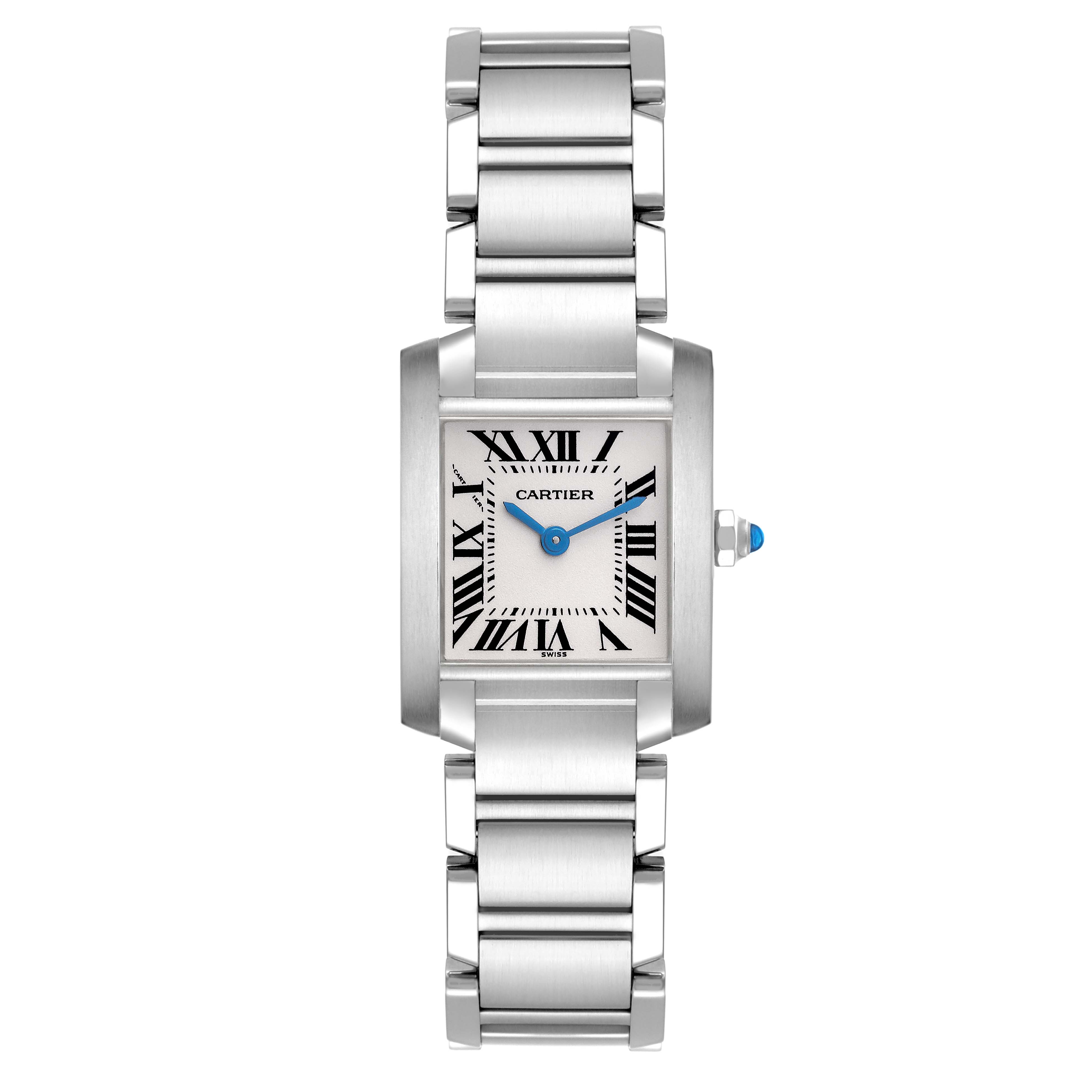The Cartier Tank Française watch is shown from a top-down angle, displaying the face, case, and bracelet.