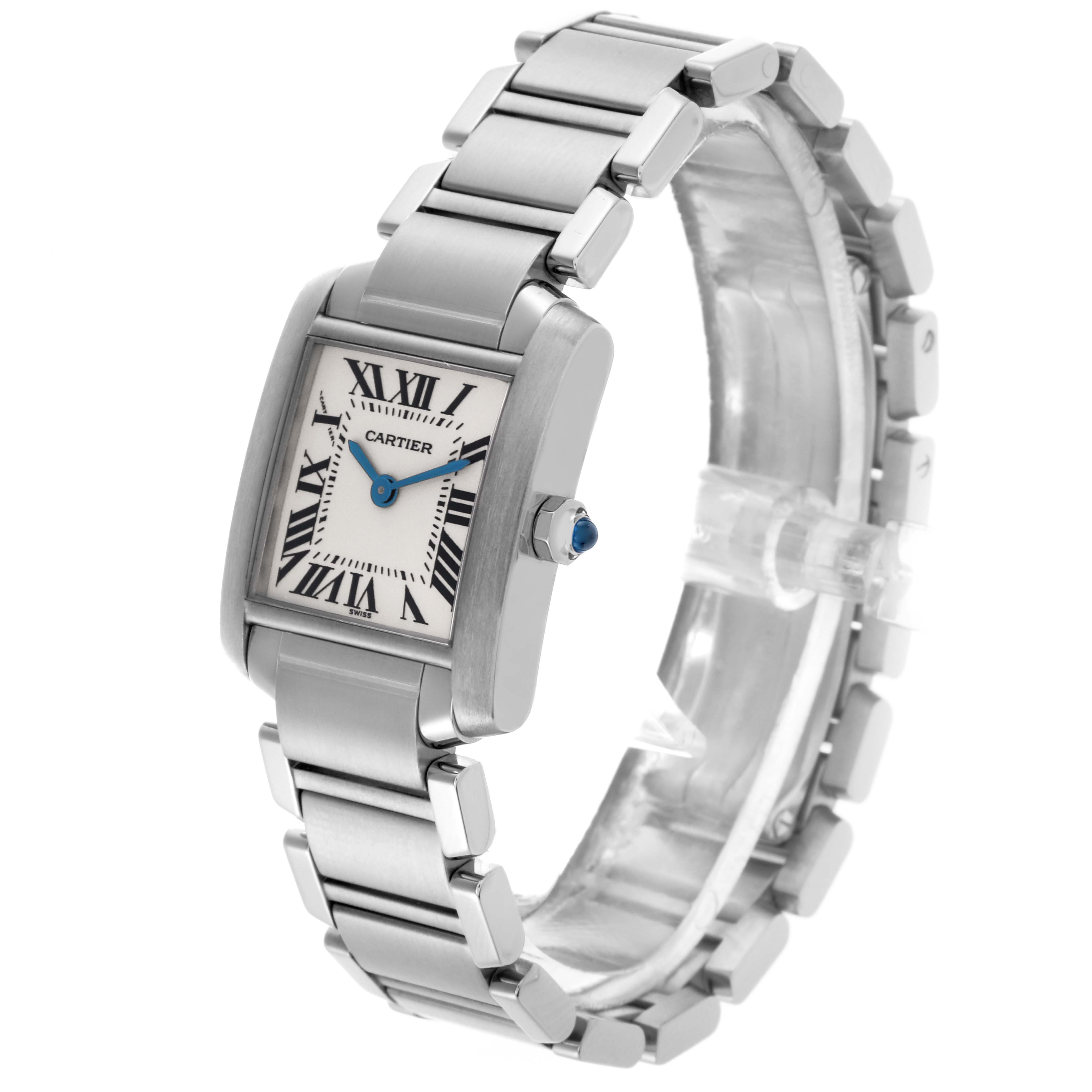 The Cartier Tank Française watch is shown at a three-quarter angle, highlighting the face, crown, and bracelet.