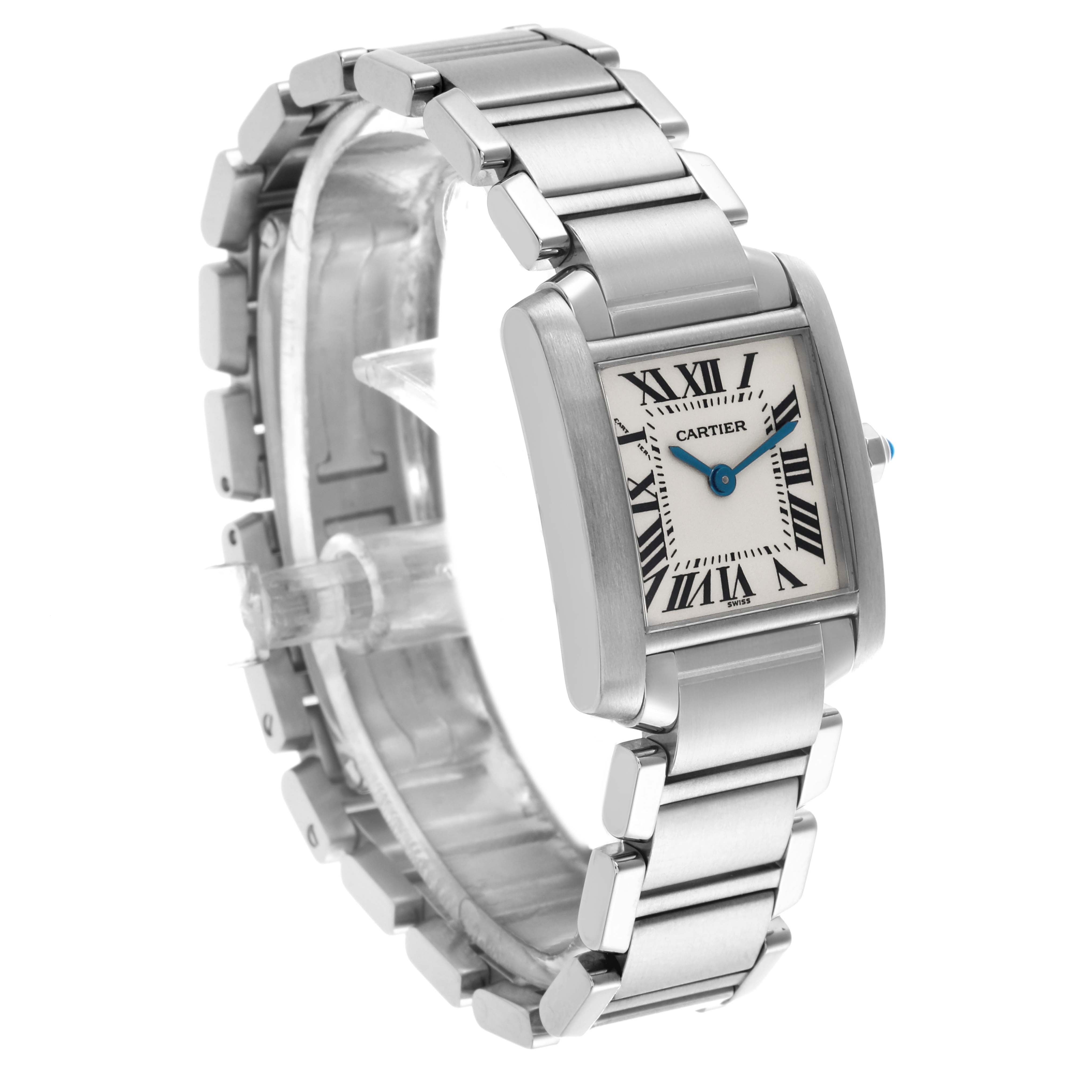 The Cartier Tank Française watch is shown at a three-quarter angle, highlighting the face, bracelet, and crown.