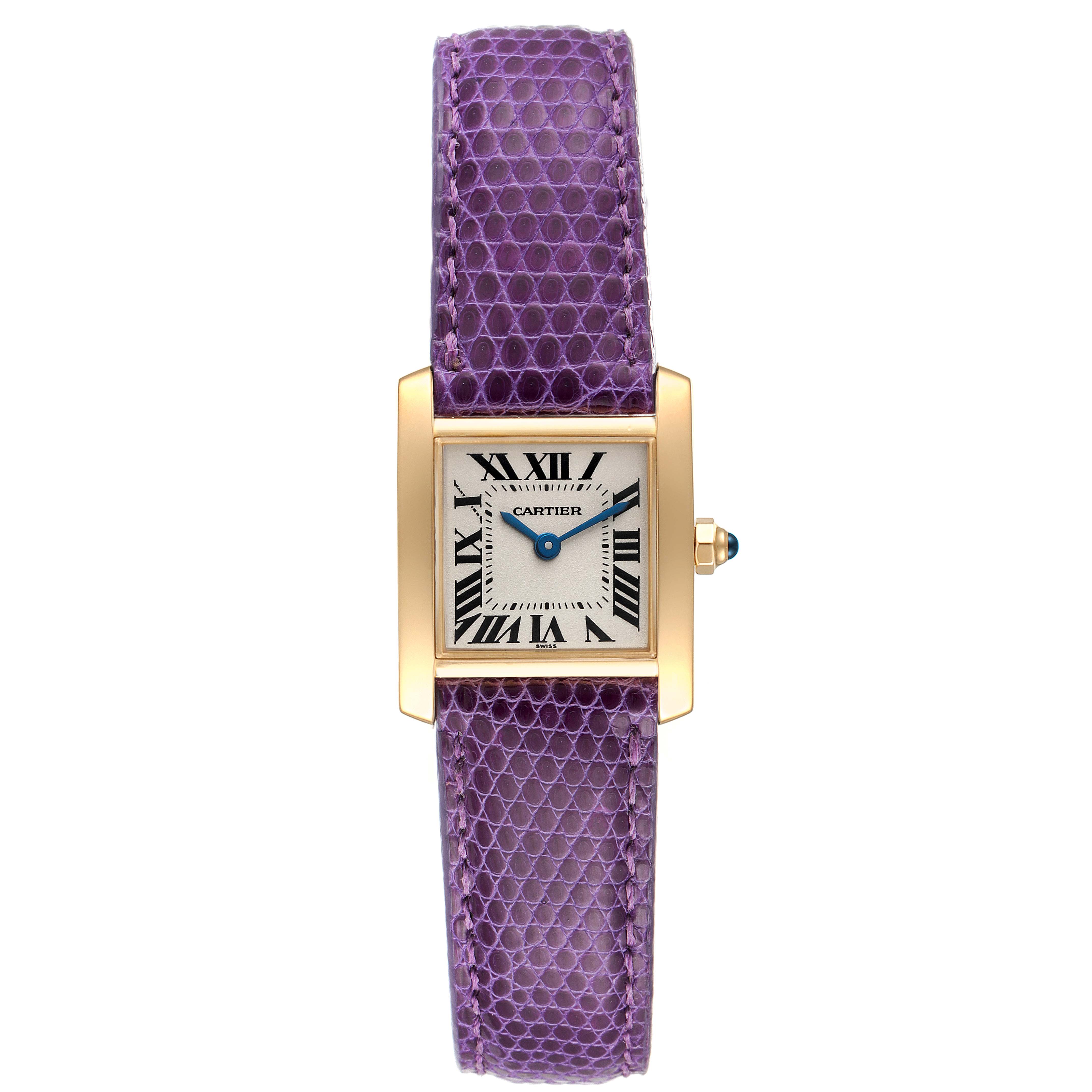 This image shows a Cartier Tank Française watch with a purple leather strap, rectangular case, and Roman numeral dial viewed from the front.