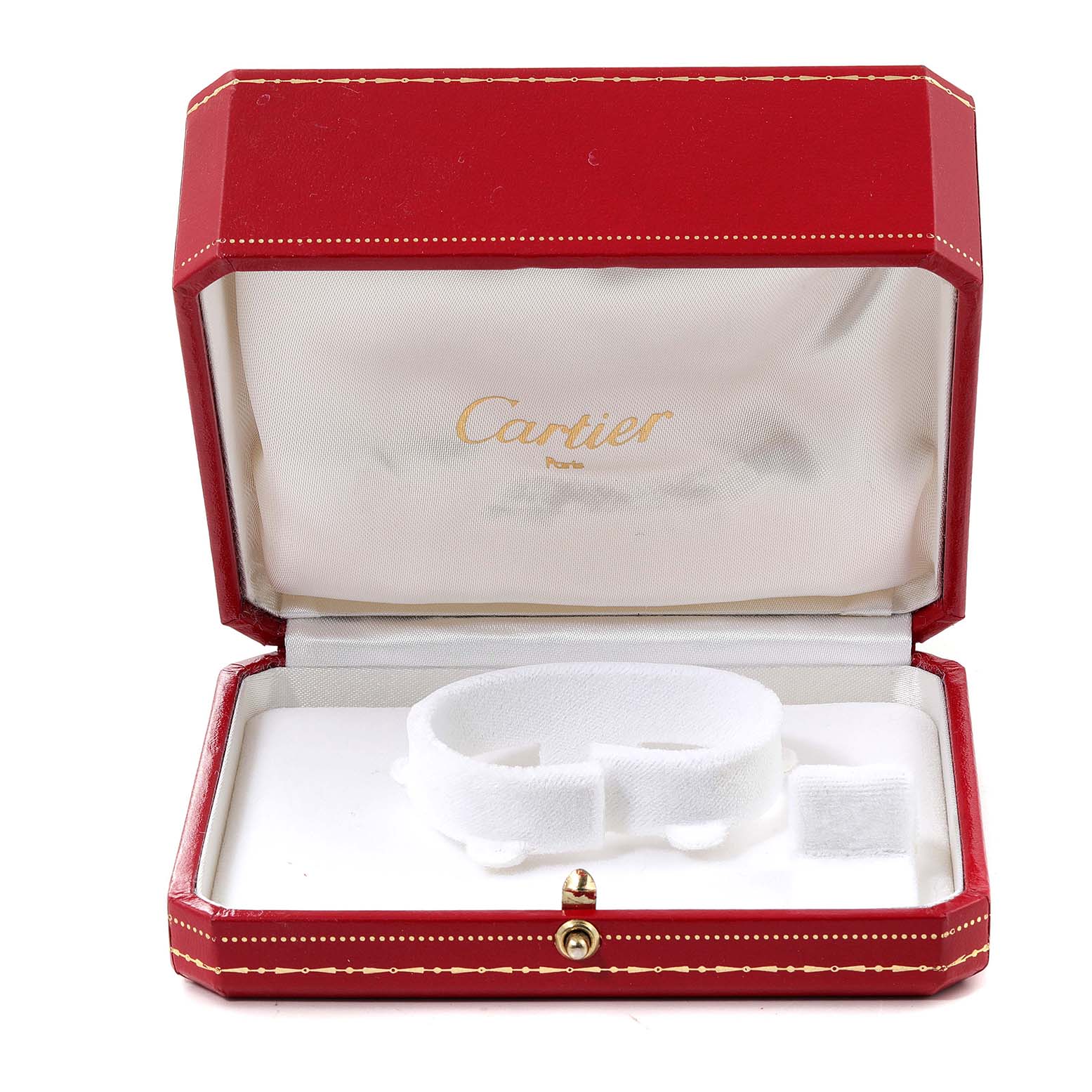 The image shows an open case for a Cartier Tank Française watch displaying the interior with a white cushion and a small accessory compartment.