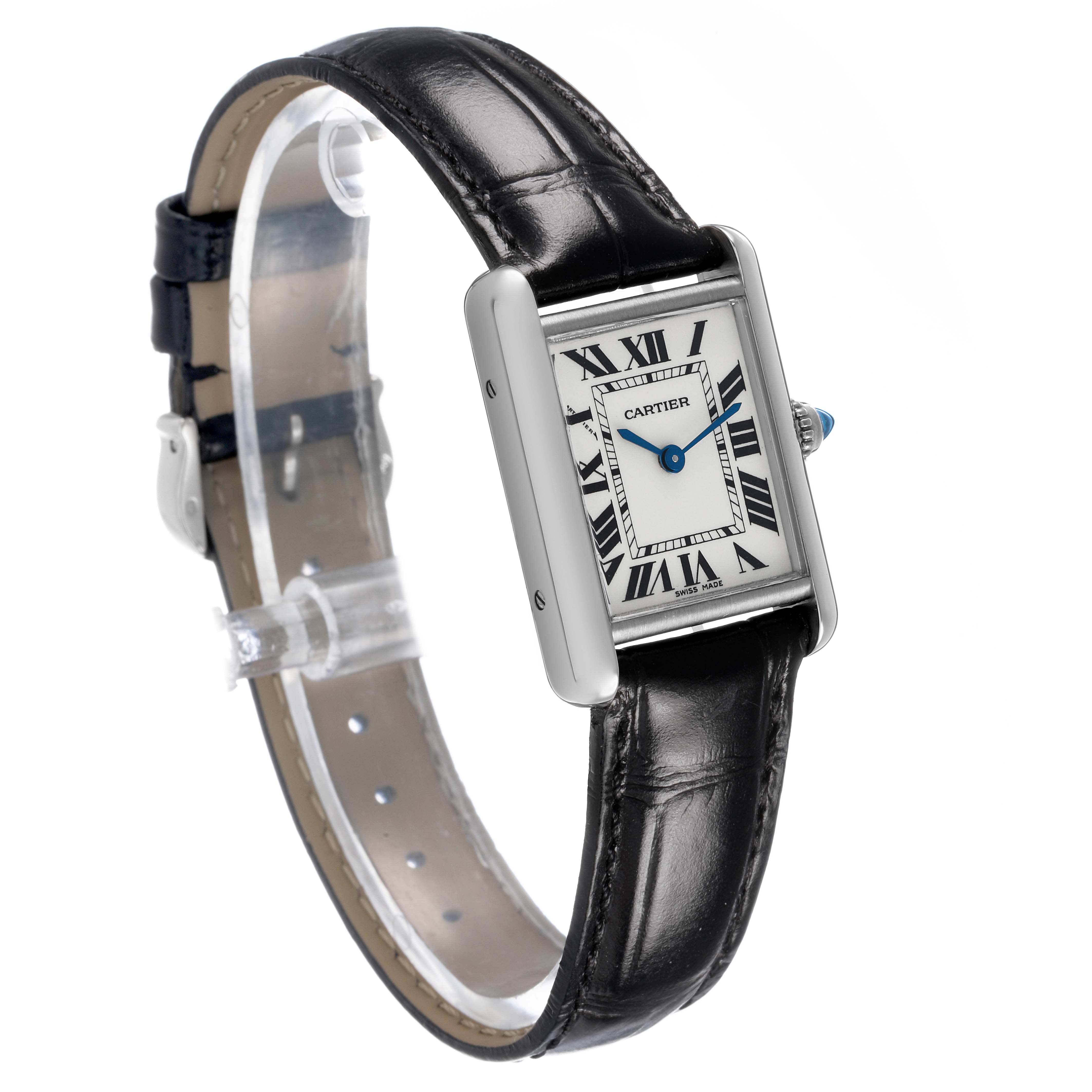 The Cartier Tank Louis W1541056 Women's White Gold Silver Dial watch is shown at an angled side view, highlighting its rectangular face and black leather strap.