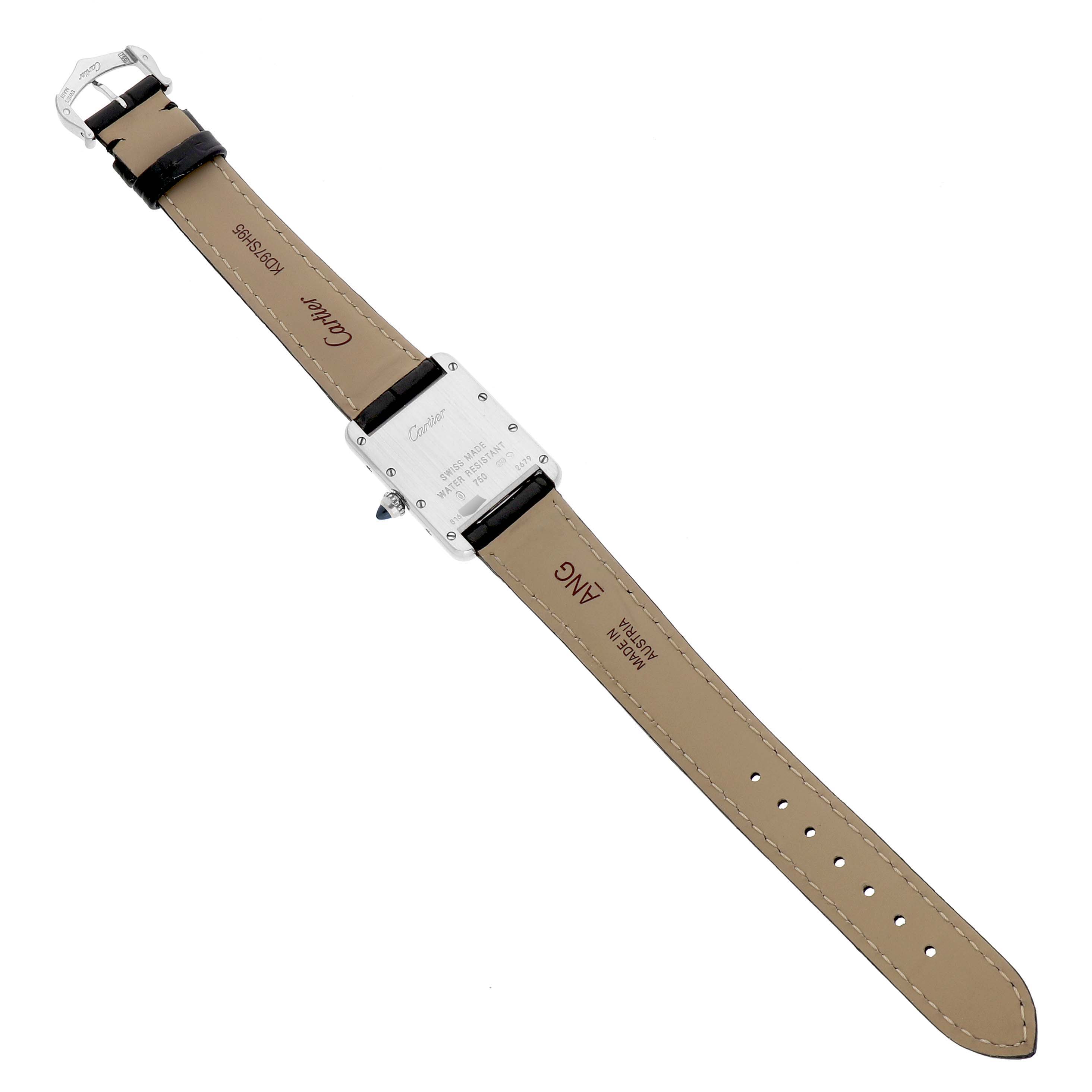 The image shows the back of a Cartier Tank Louis W1541056 Women's White Gold Silver Dial watch, displaying the clasp, strap, and case back details.