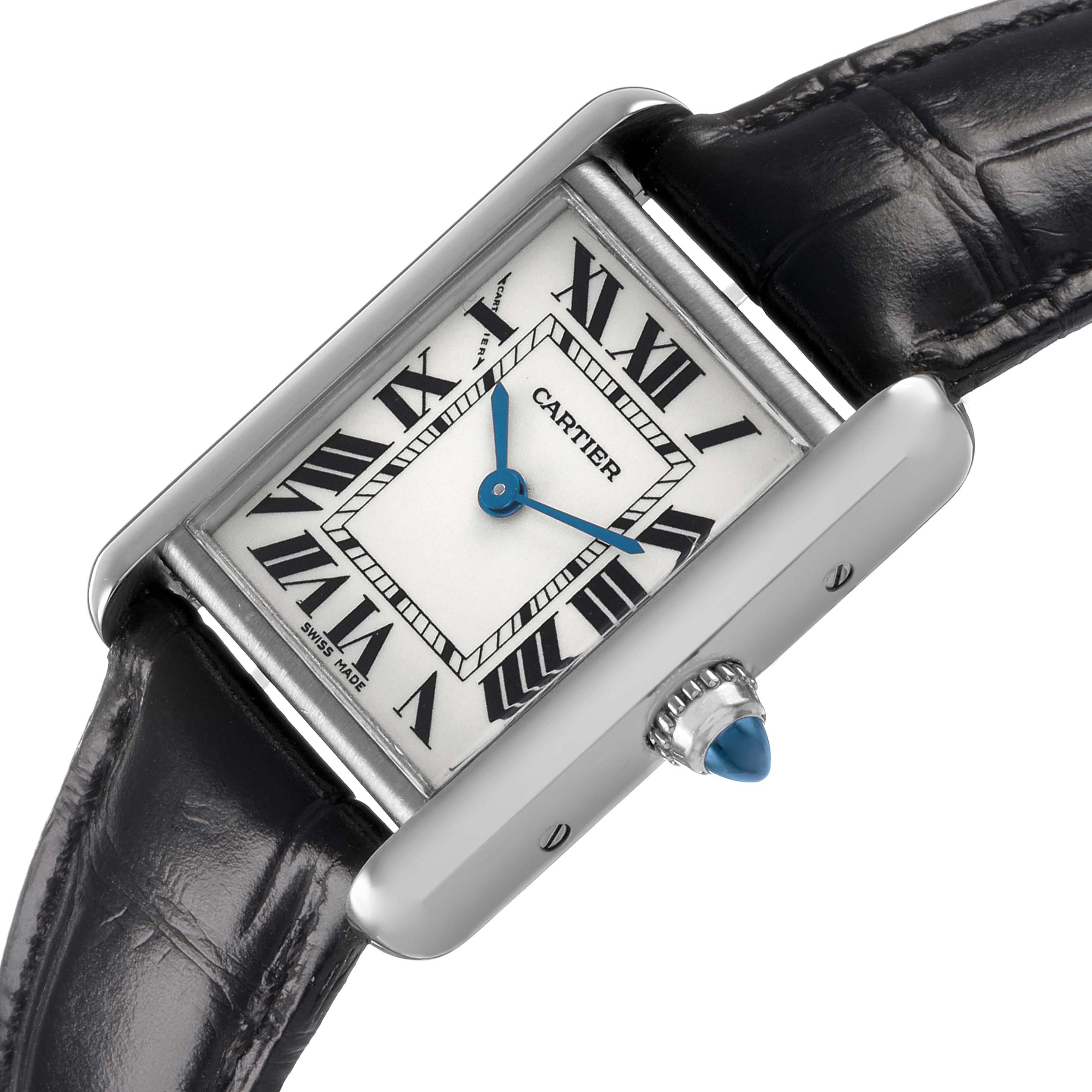 The Cartier Tank Louis W1541056 Women's White Gold Silver Dial watch is shown at a slight angle from above, highlighting the face, blue hands, Roman numerals, and sapphire cabochon crown.