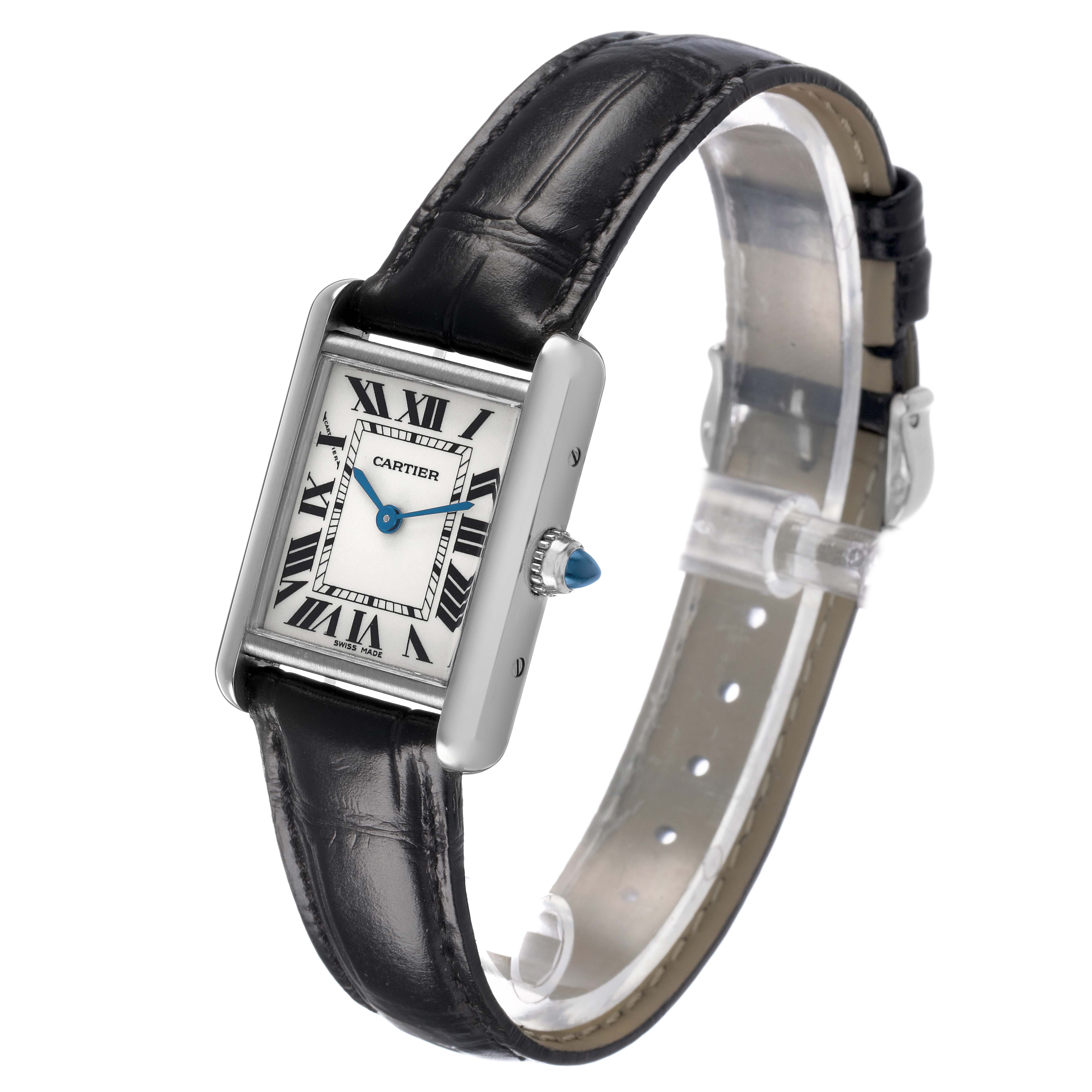 The Cartier Tank Louis W1541056 Women's White Gold Silver Dial watch is shown at a slight angle, displaying the face, crown with blue cabochon, and leather strap.