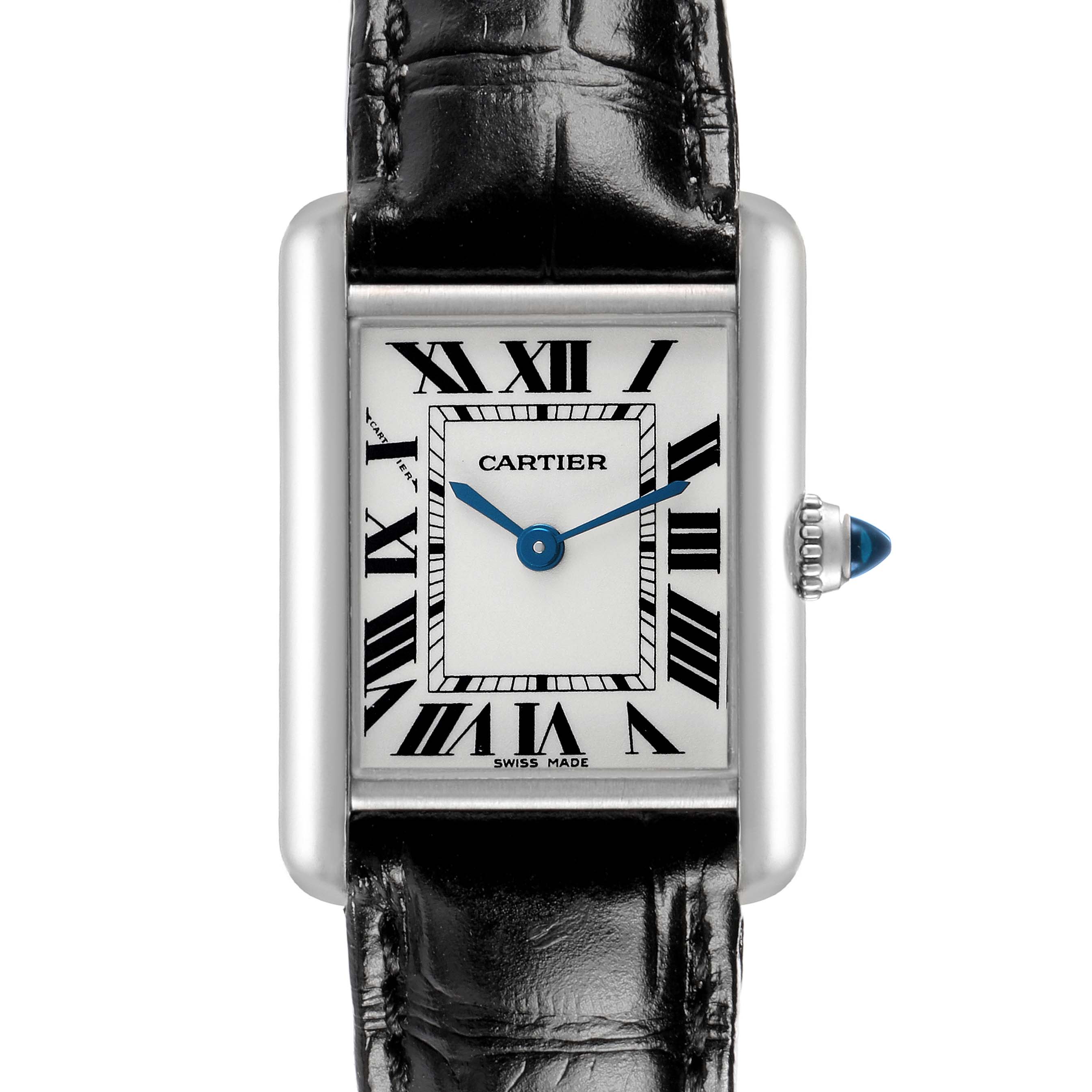 The Cartier Tank Louis W1541056 Women's White Gold Silver Dial watch is shown from the front, displaying its rectangular face, Roman numerals, and black leather strap.