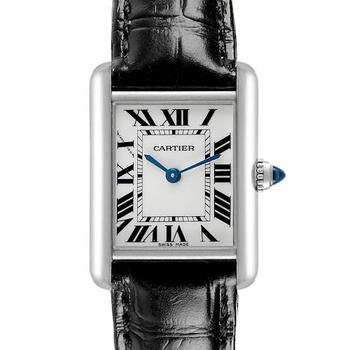The Cartier Tank Louis W1541056 Women's White Gold Silver Dial watch is shown from a front view, highlighting its rectangular face, Roman numerals, and black leather strap.