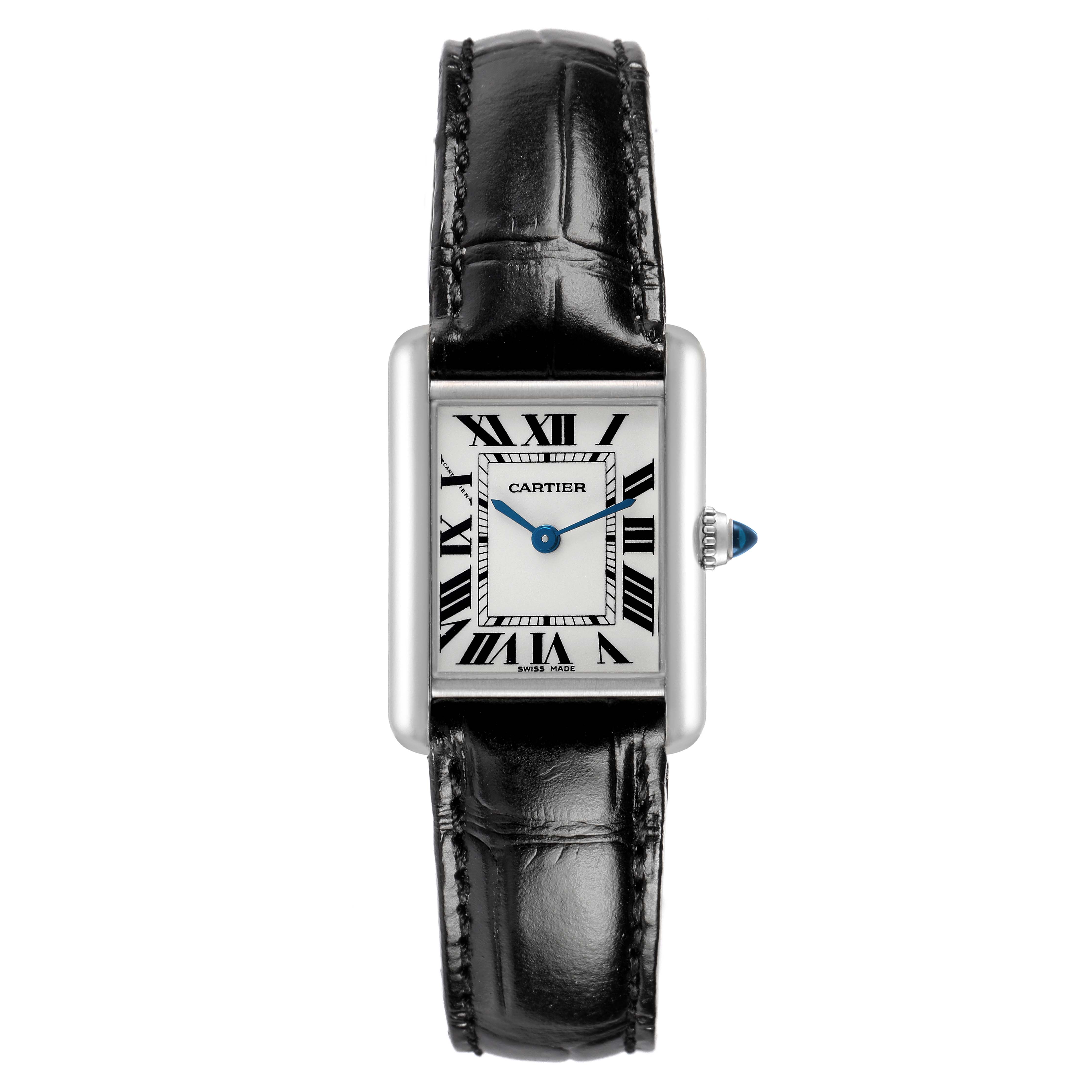 The Cartier Tank Louis W1541056 Women's White Gold Silver Dial watch is shown from the front, displaying the face, black leather strap, and crown.