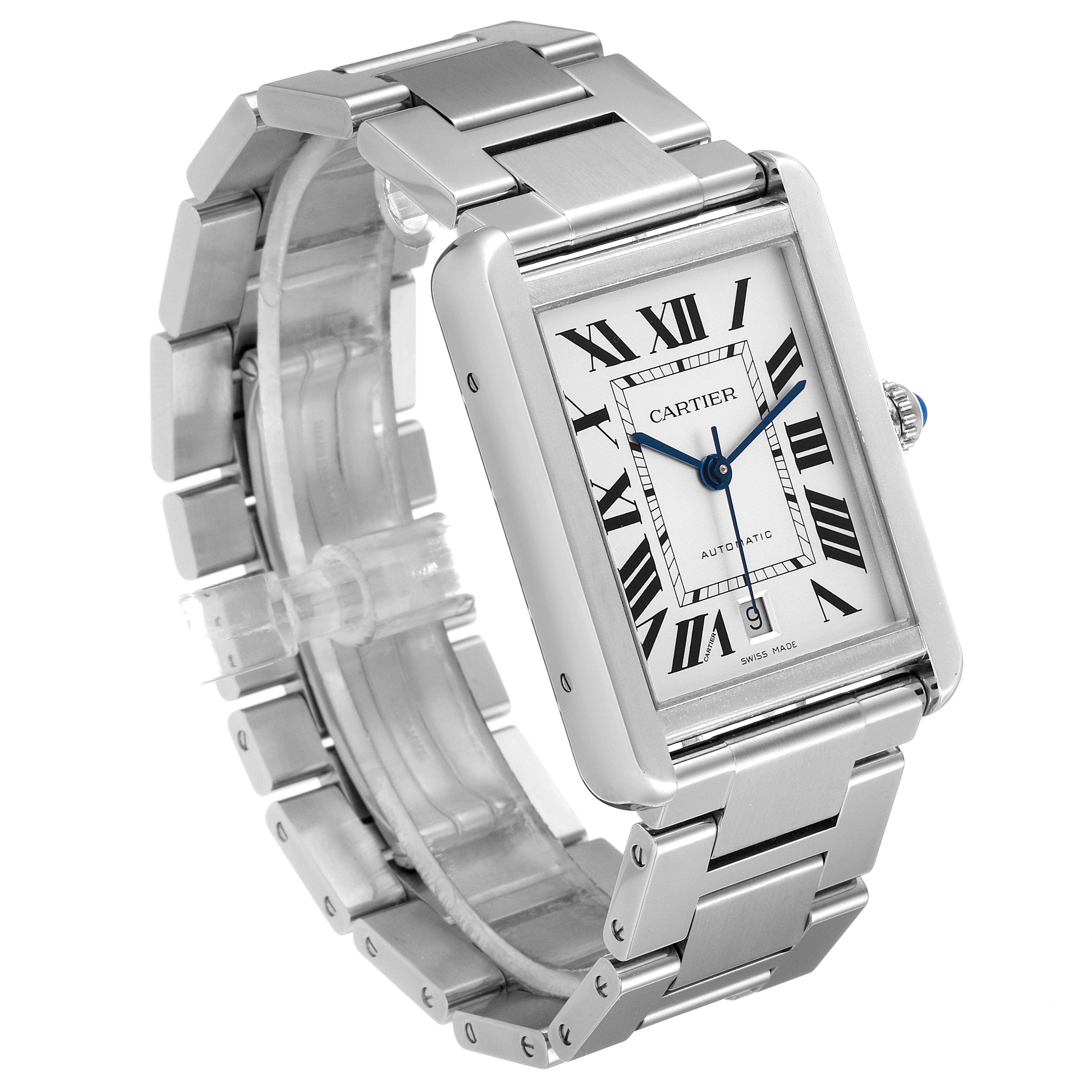 The image shows a front angled view of the Cartier Tank Solo W5200028 Men's Stainless Steel Silver Dial W5200028 Men's Stainless Steel Silver Dial watch, highlighting the face, crown, and metal bracelet.