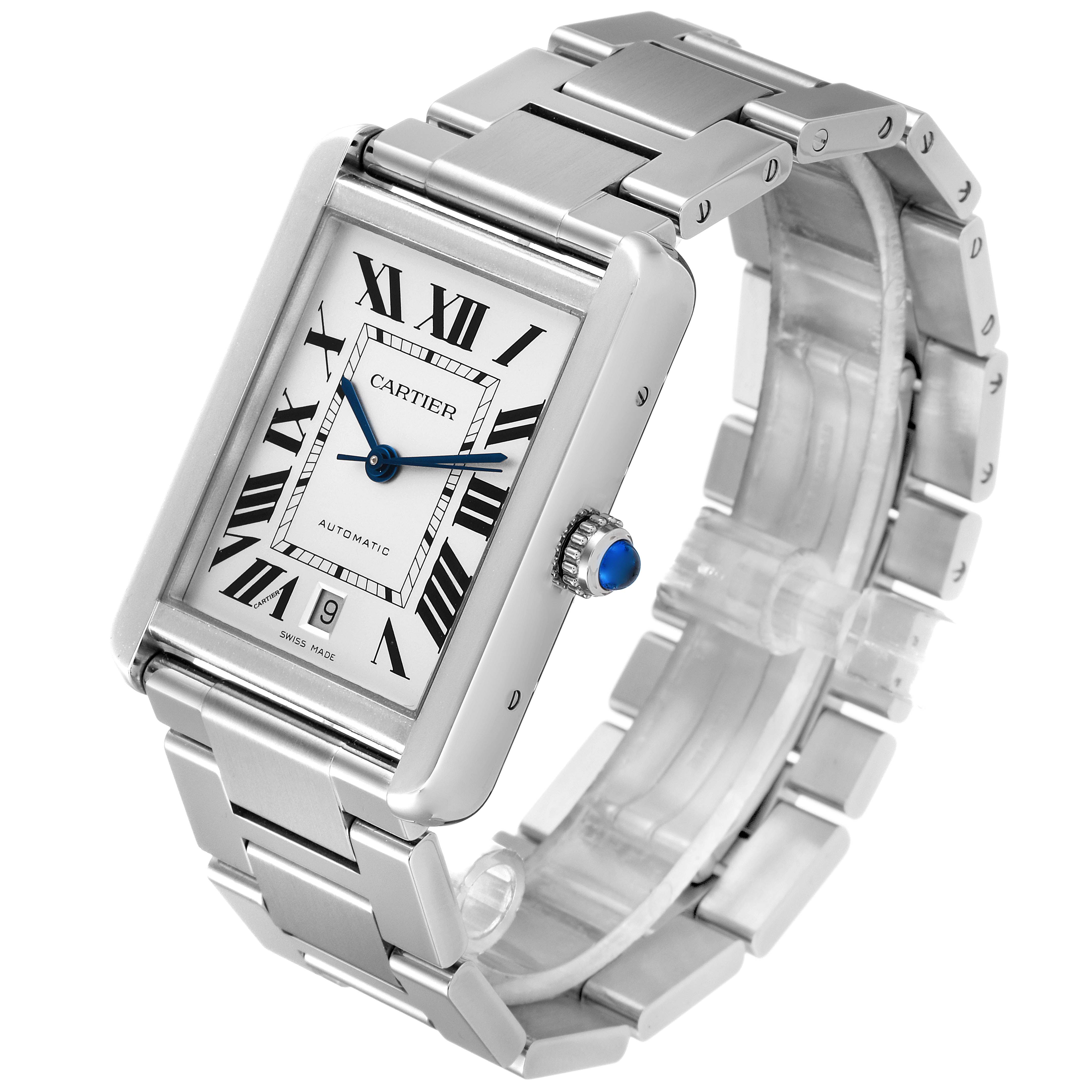 The image shows a Cartier Tank Solo W5200028 Men's Stainless Steel Silver Dial W5200028 Men's Stainless Steel Silver Dial watch angled slightly from the front, highlighting its face, bracelet, and crown.