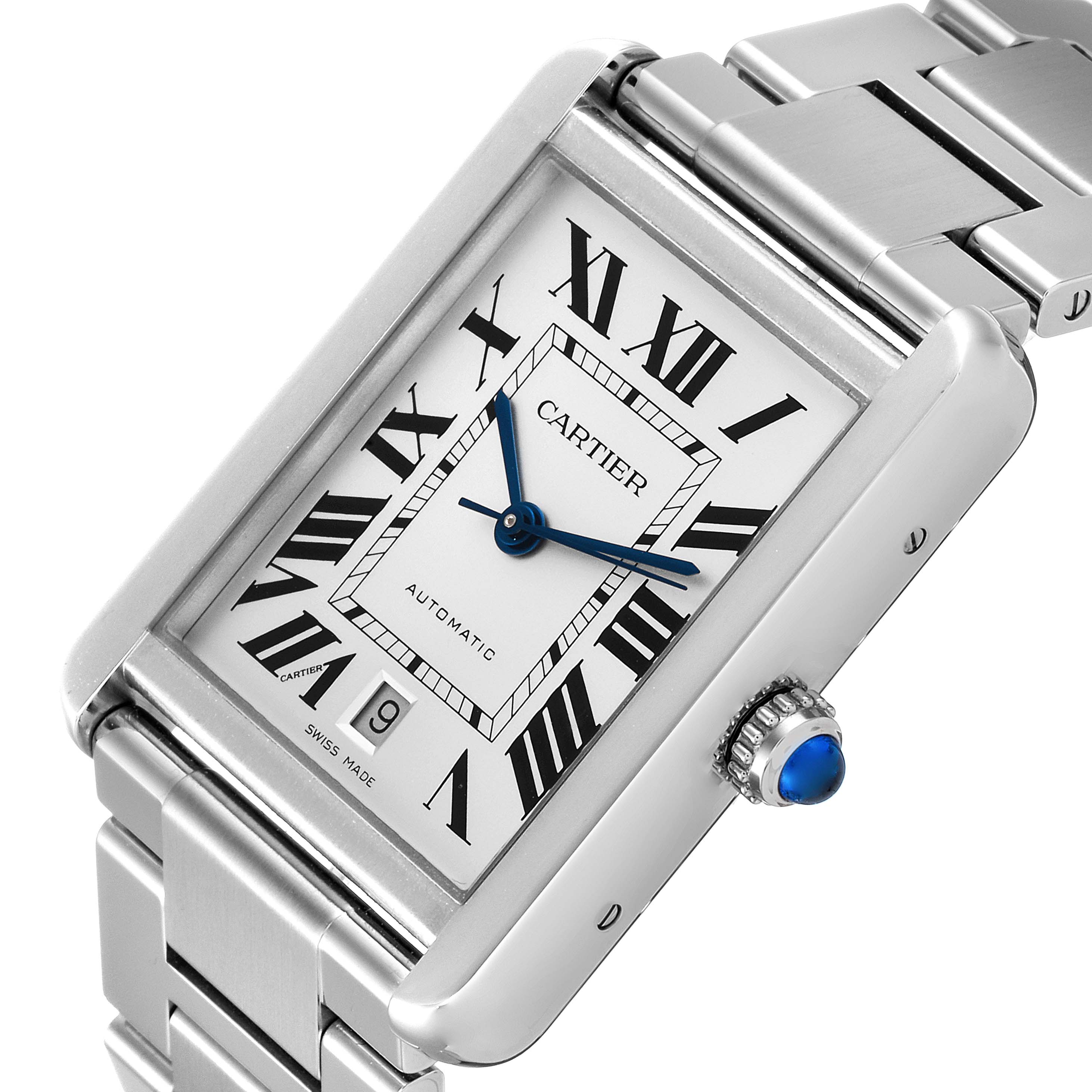 The image shows a Cartier Tank Solo W5200028 Men's Stainless Steel Silver Dial W5200028 Men's Stainless Steel Silver Dial watch at an oblique angle, showcasing the dial, crown, and stainless steel bracelet.