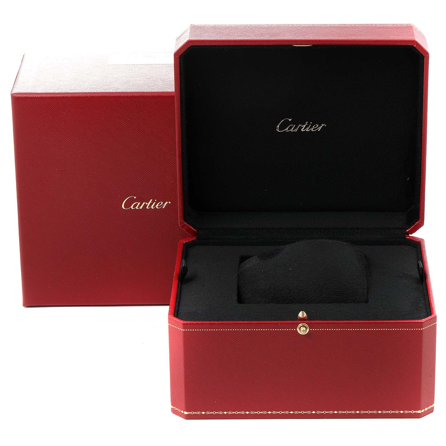 This image shows an open red Cartier box with a black interior, presumably for a Tank Solo model watch.