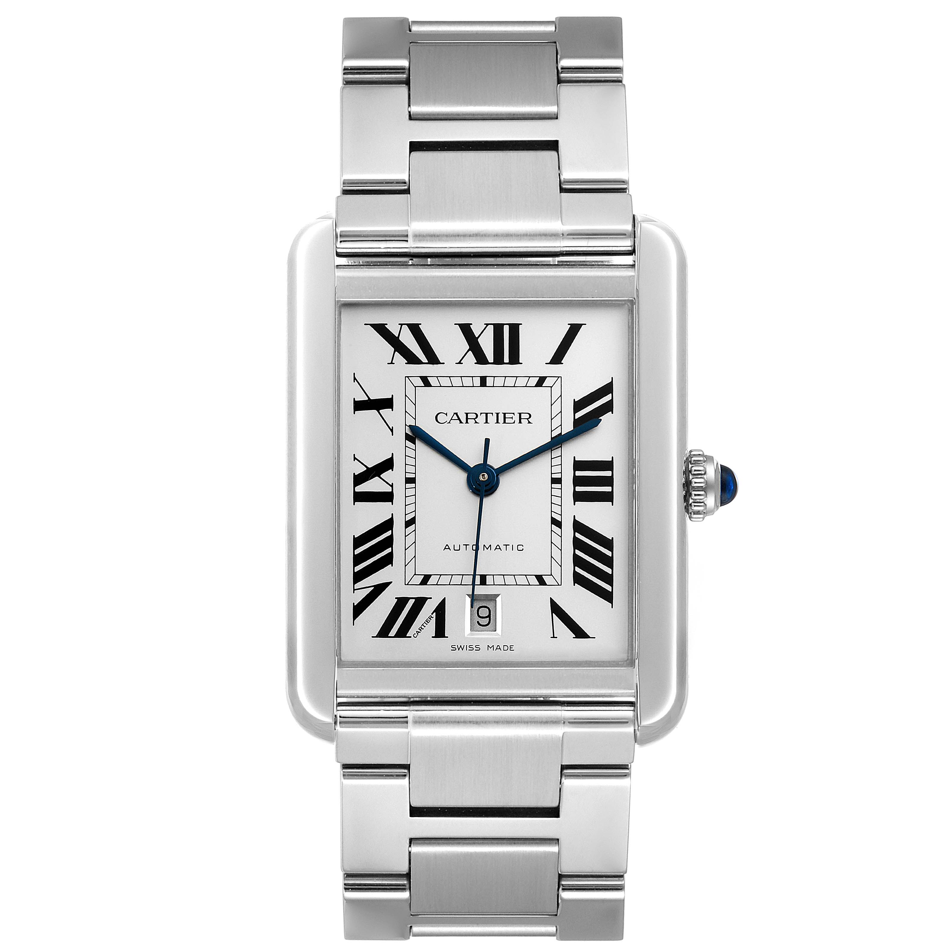 The image shows a front view of a Cartier Tank Solo W5200028 Men's Stainless Steel Silver Dial W5200028 Men's Stainless Steel Silver Dial watch, highlighting the rectangular face, roman numerals, and metal bracelet.