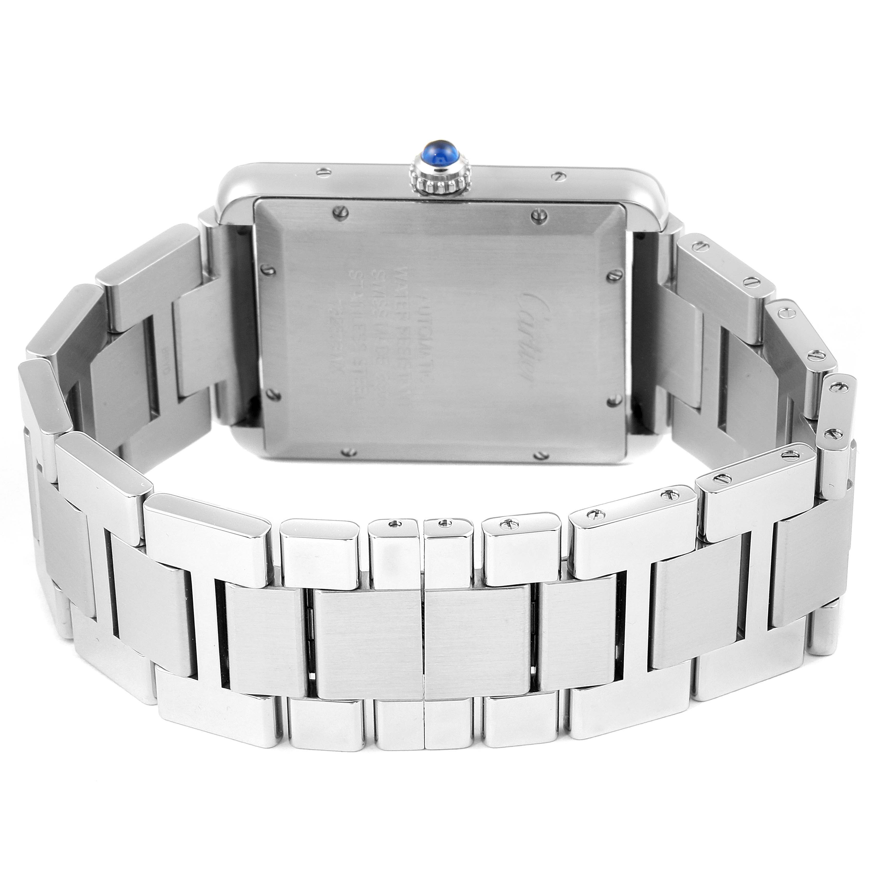 This image shows the back view of a Cartier Tank Solo W5200028 Men's Stainless Steel Silver Dial W5200028 Men's Stainless Steel Silver Dial watch, highlighting its stainless steel case and bracelet.