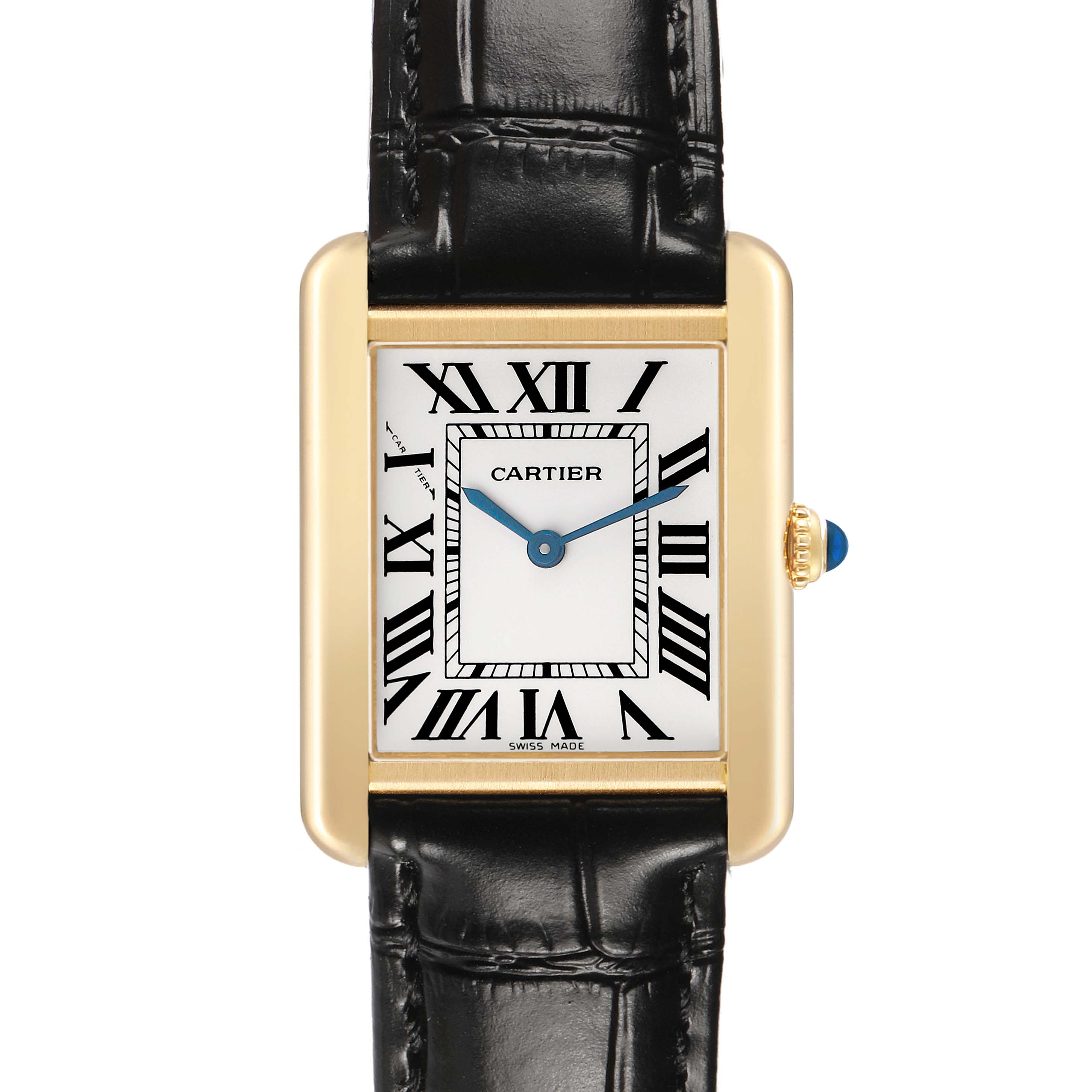 The Cartier Tank Solo W5200002 Women's Yellow Gold Silver Dial watch is shown from the front, displaying the face, Roman numerals, and black leather strap.