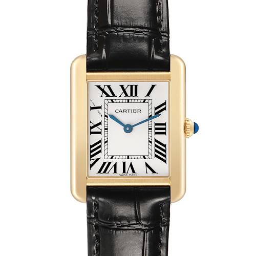 The Cartier Tank Solo W5200002 Women's Yellow Gold Silver Dial watch is shown from a front angle, displaying its rectangular face, Roman numerals, and leather strap.