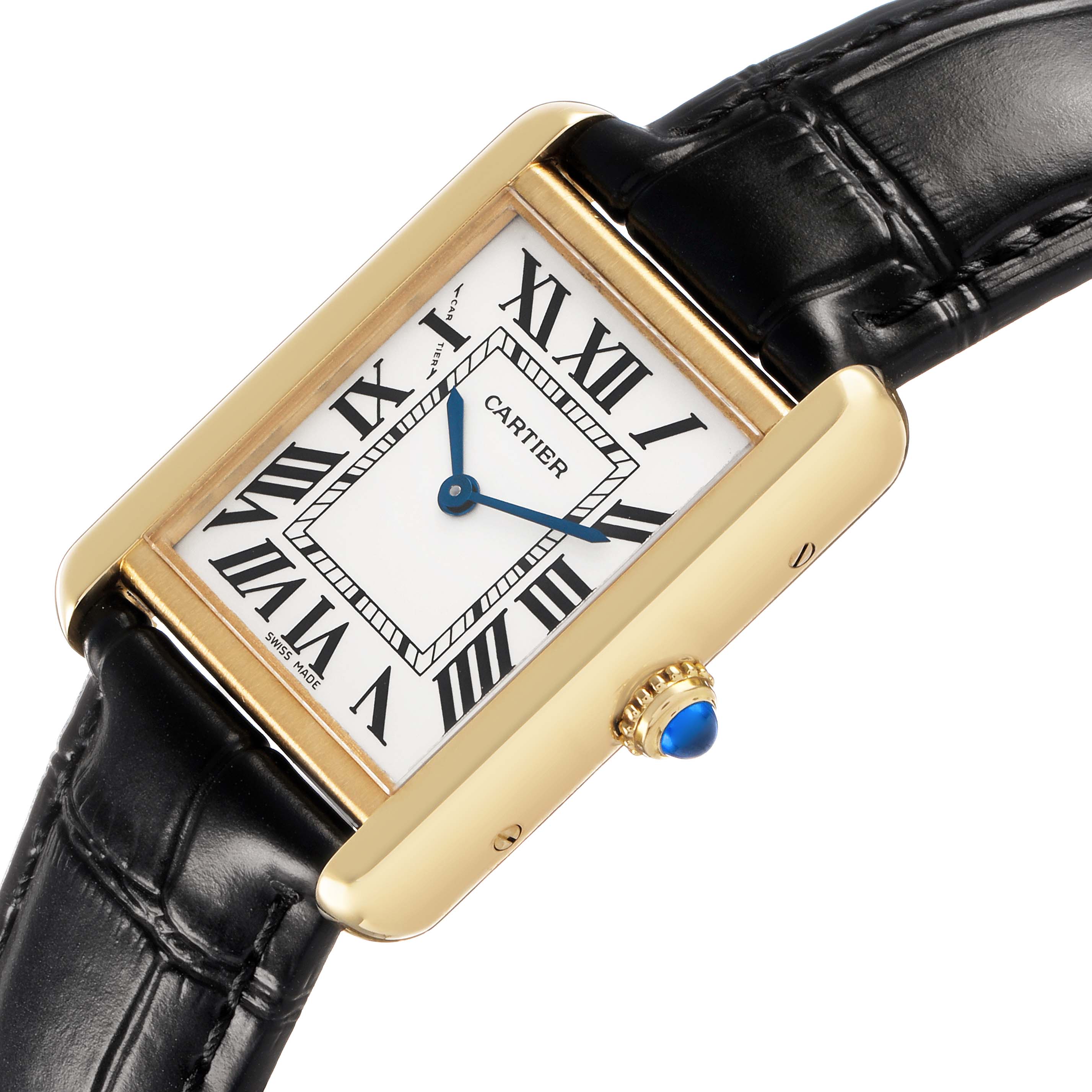 The Cartier Tank Solo W5200002 Women's Yellow Gold Silver Dial watch is shown at a slight angle, highlighting its rectangular dial, Roman numerals, and black leather strap.