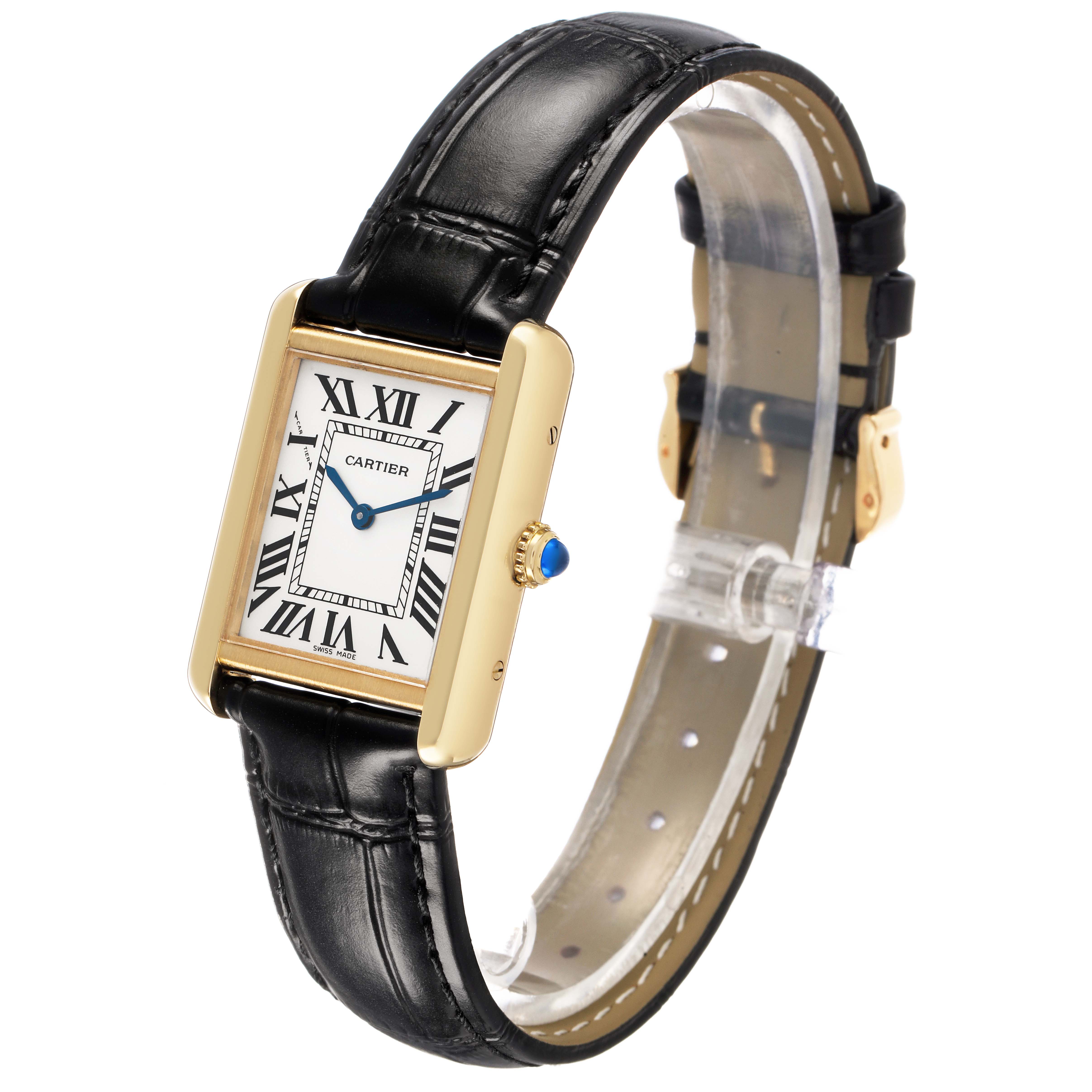 The Cartier Tank Solo W5200002 Women's Yellow Gold Silver Dial watch is shown at a three-quarter angle, highlighting the face, case, and leather strap.