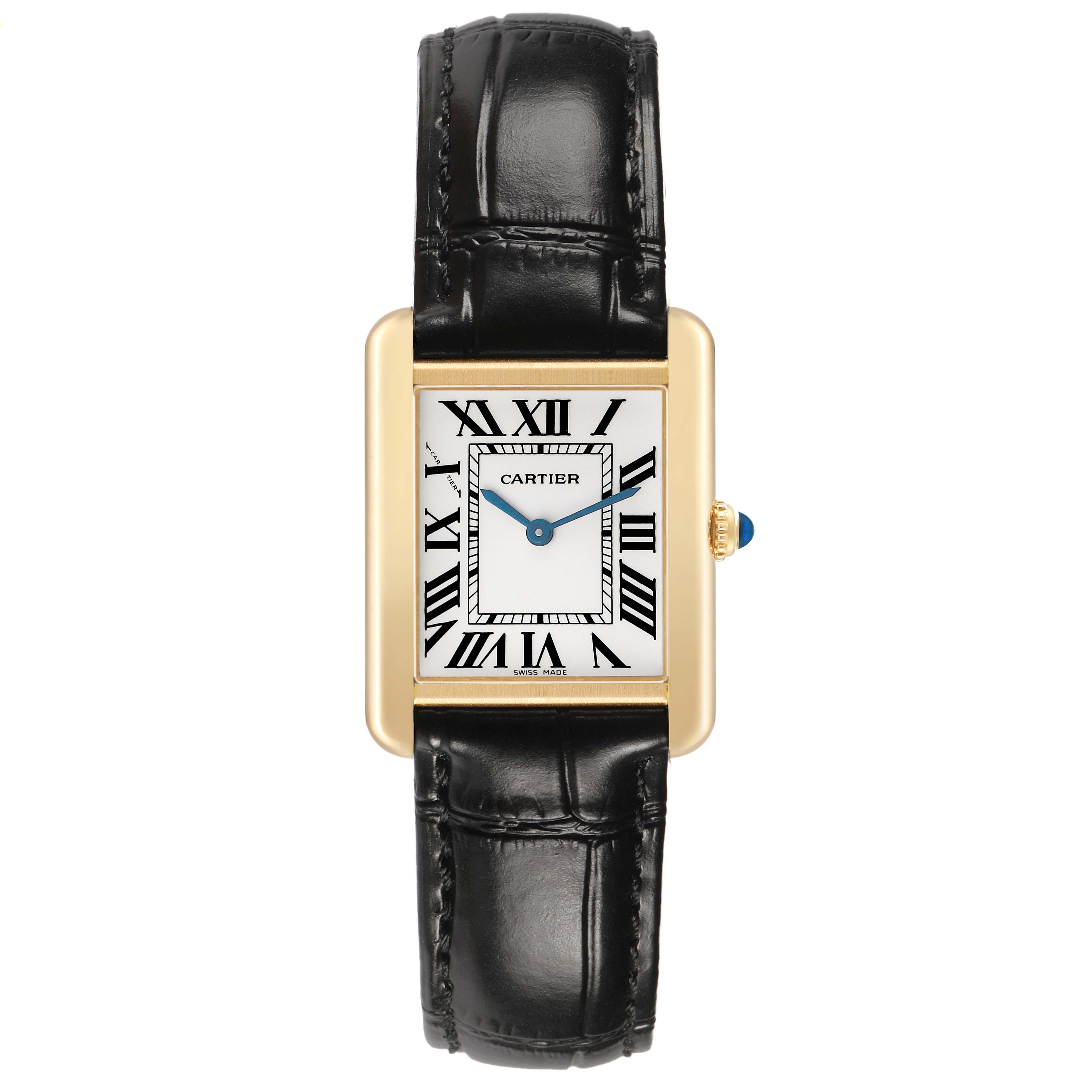 The Cartier Tank Solo W5200002 Women's Yellow Gold Silver Dial watch is shown from the front, displaying the dial, rectangular case, black leather strap, and crown.