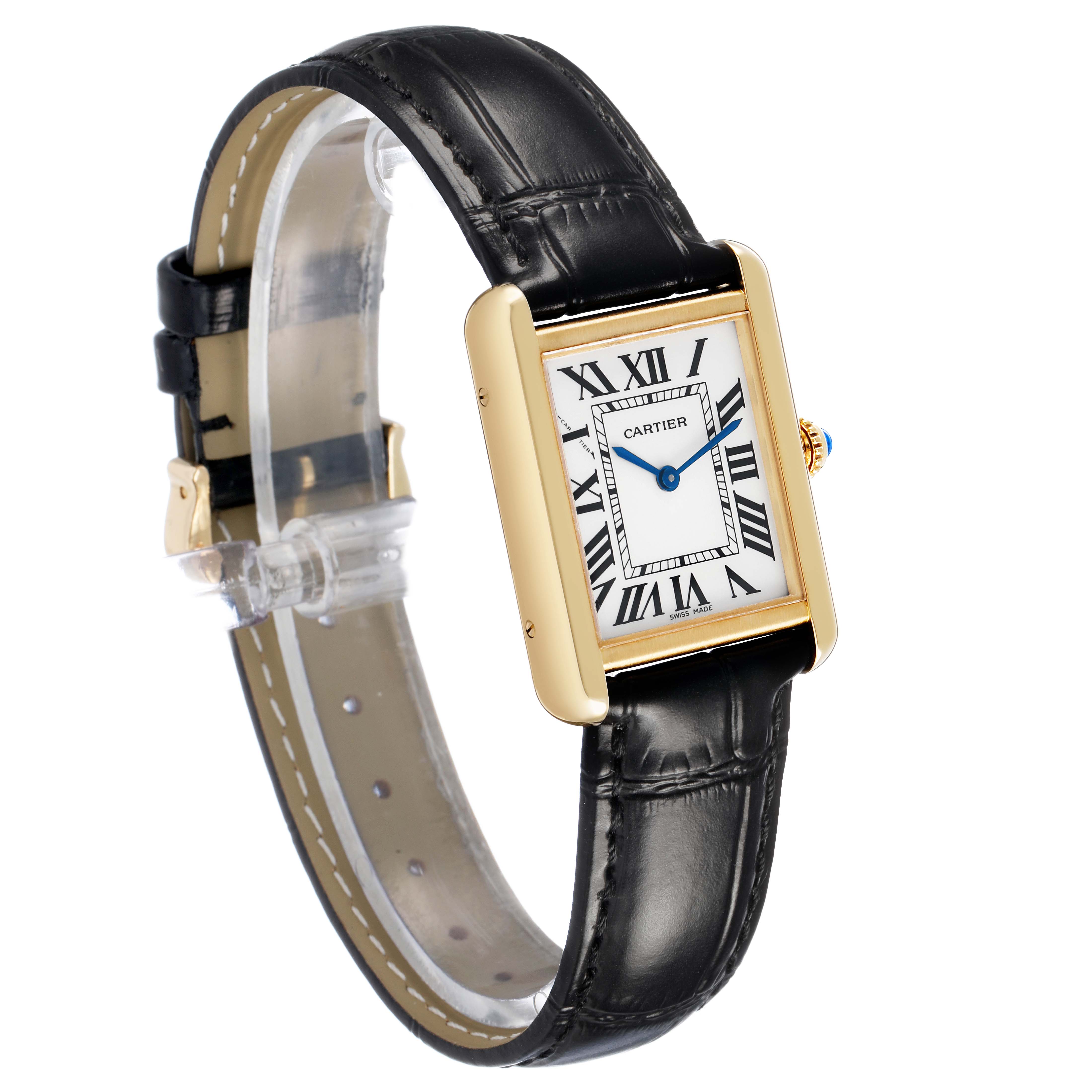 The Cartier Tank Solo W5200002 Women's Yellow Gold Silver Dial watch is shown at an angled side view, highlighting its black leather strap and rectangular face with Roman numerals.