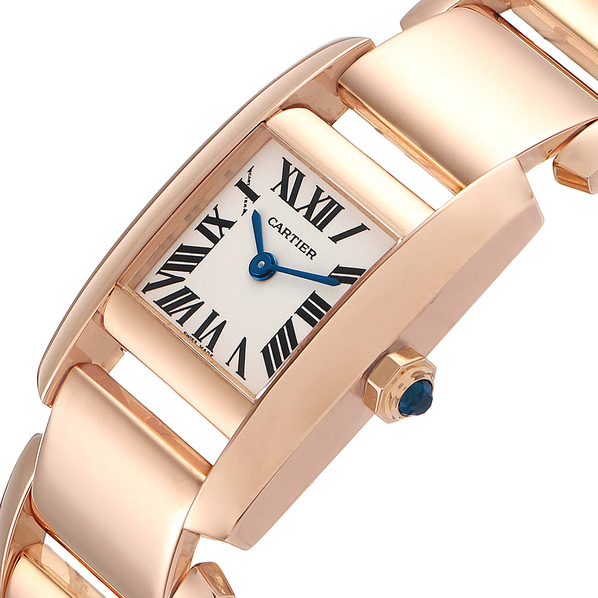 The image shows a close-up angle of the Cartier Tank Française watch, highlighting the face, crown, and parts of the bracelet.