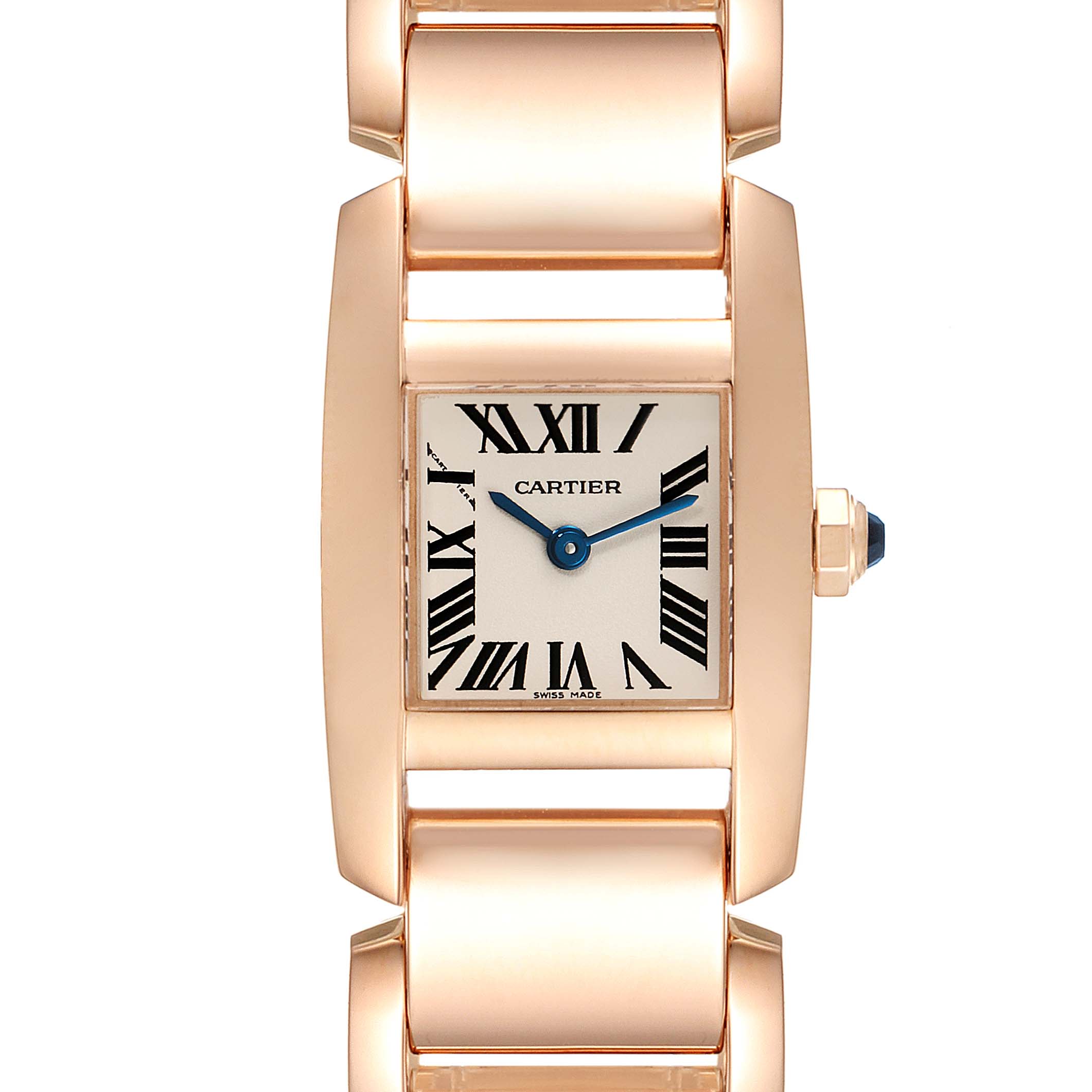 This image shows a Cartier Tank Francaise W650048H Women's Rose Gold Silver Dial W650048H Women's Rose Gold Silver Dial watch from the front, displaying its face, Roman numerals, and part of the bracelet.
