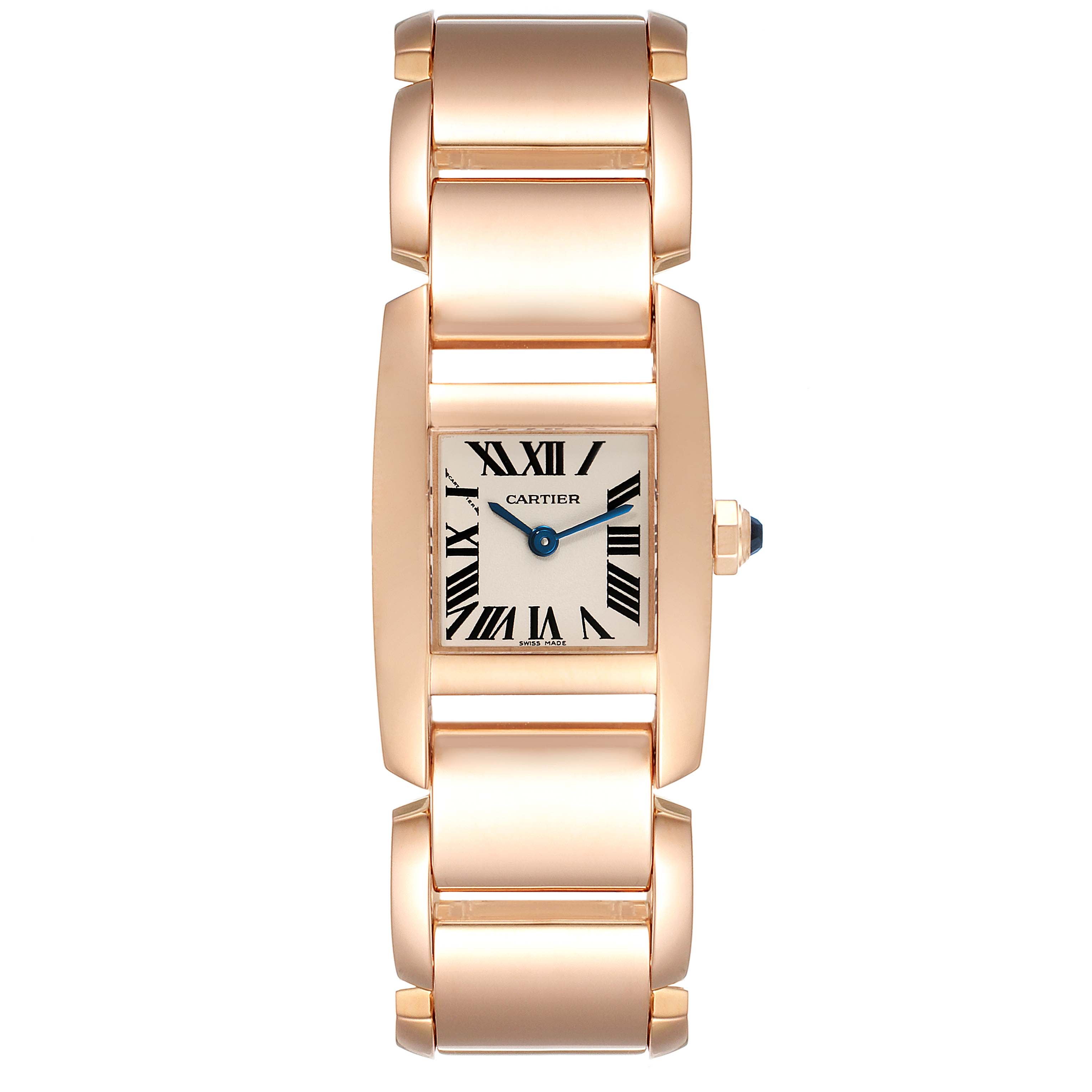 The image shows a front view of a Cartier Tank Française watch with a gold metal bracelet and rectangular face featuring Roman numerals.