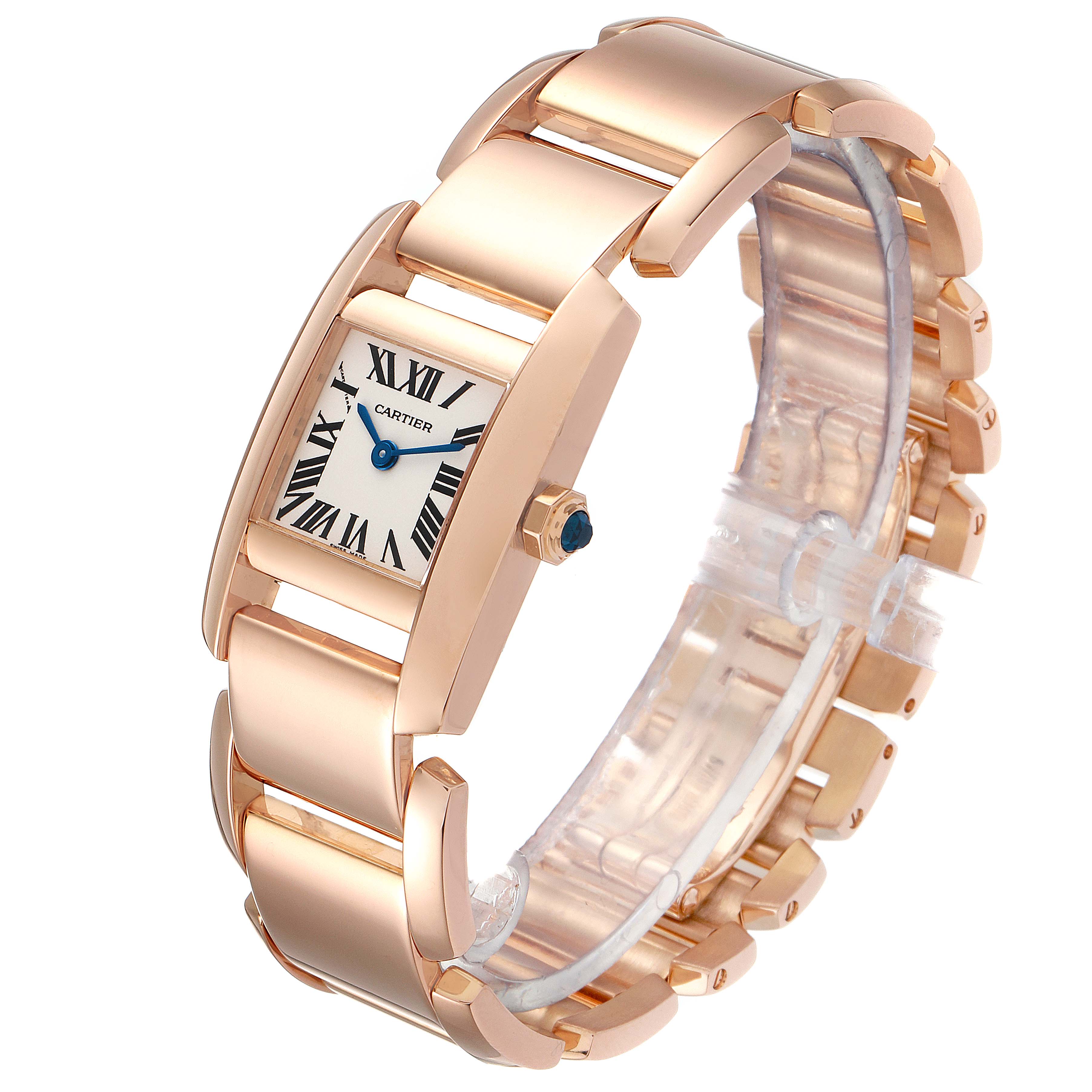 The image shows a Cartier Tank Francaise W650048H Women's Rose Gold Silver Dial W650048H Women's Rose Gold Silver Dial watch from an angled side perspective, displaying its band and face.