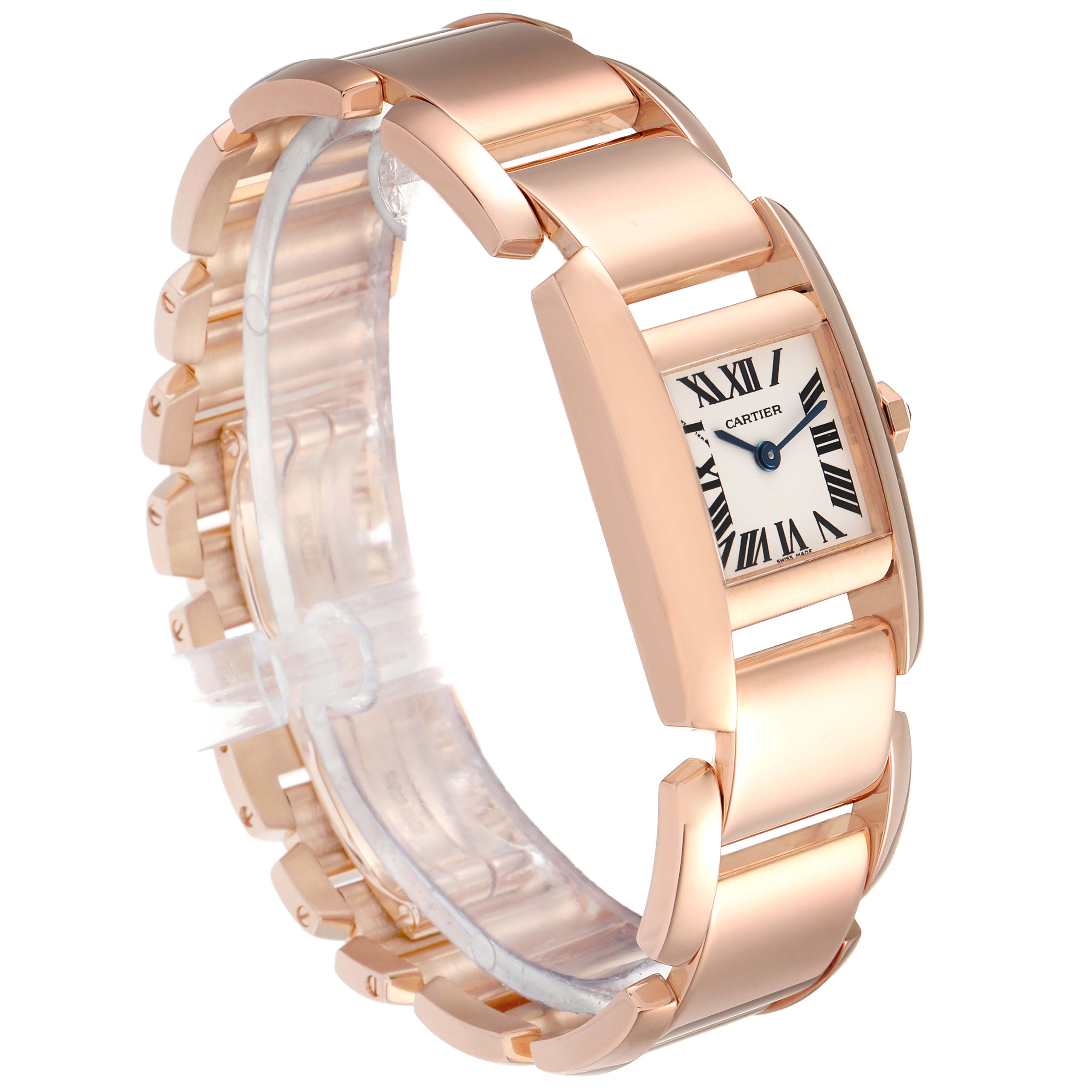 The image shows a Cartier Tank Francaise W650048H Women's Rose Gold Silver Dial W650048H Women's Rose Gold Silver Dial watch from a side angle, highlighting the bracelet and rectangular face.
