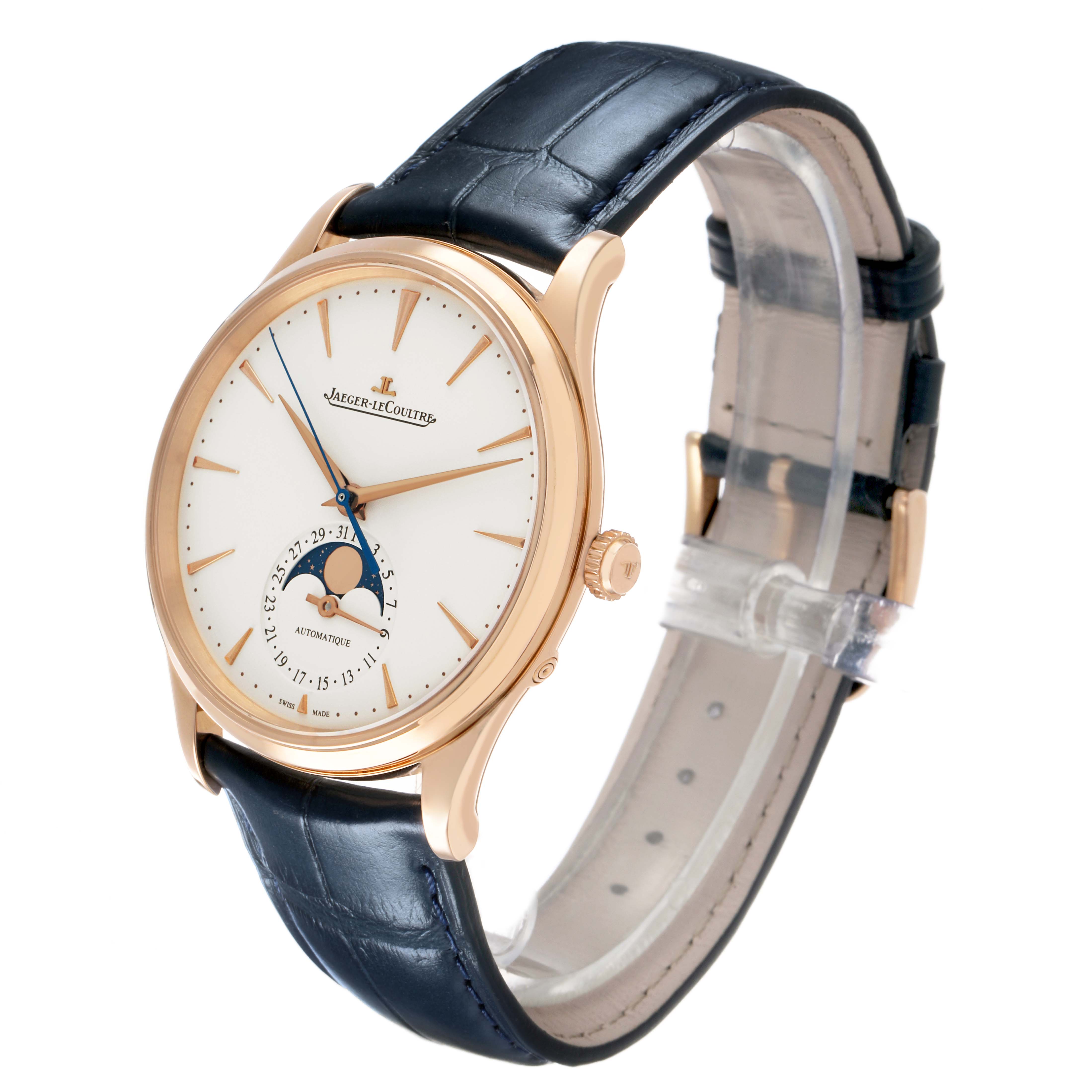 The Jaeger-LeCoultre Master watch is shown at an angle highlighting the dial, moon phase, and alligator leather strap.