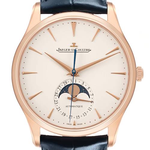 The Jaeger-LeCoultre Master watch is shown from the front, displaying its dial, moon phase, date, and both watch hands.