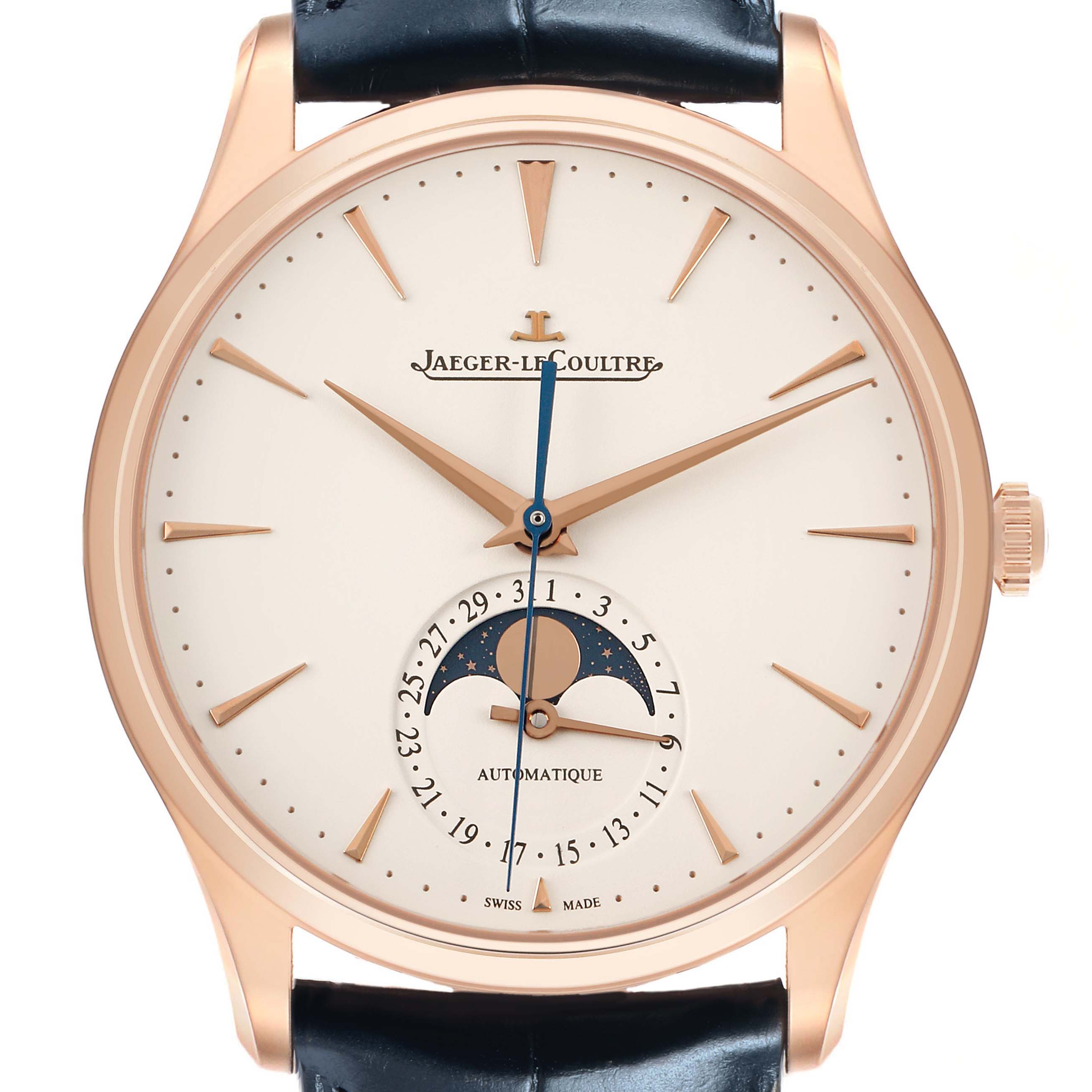 The Jaeger LeCoultre Master Q1362510 Men's Rose Gold Beige Dial watch is shown from the front, highlighting its moon phase and date features.