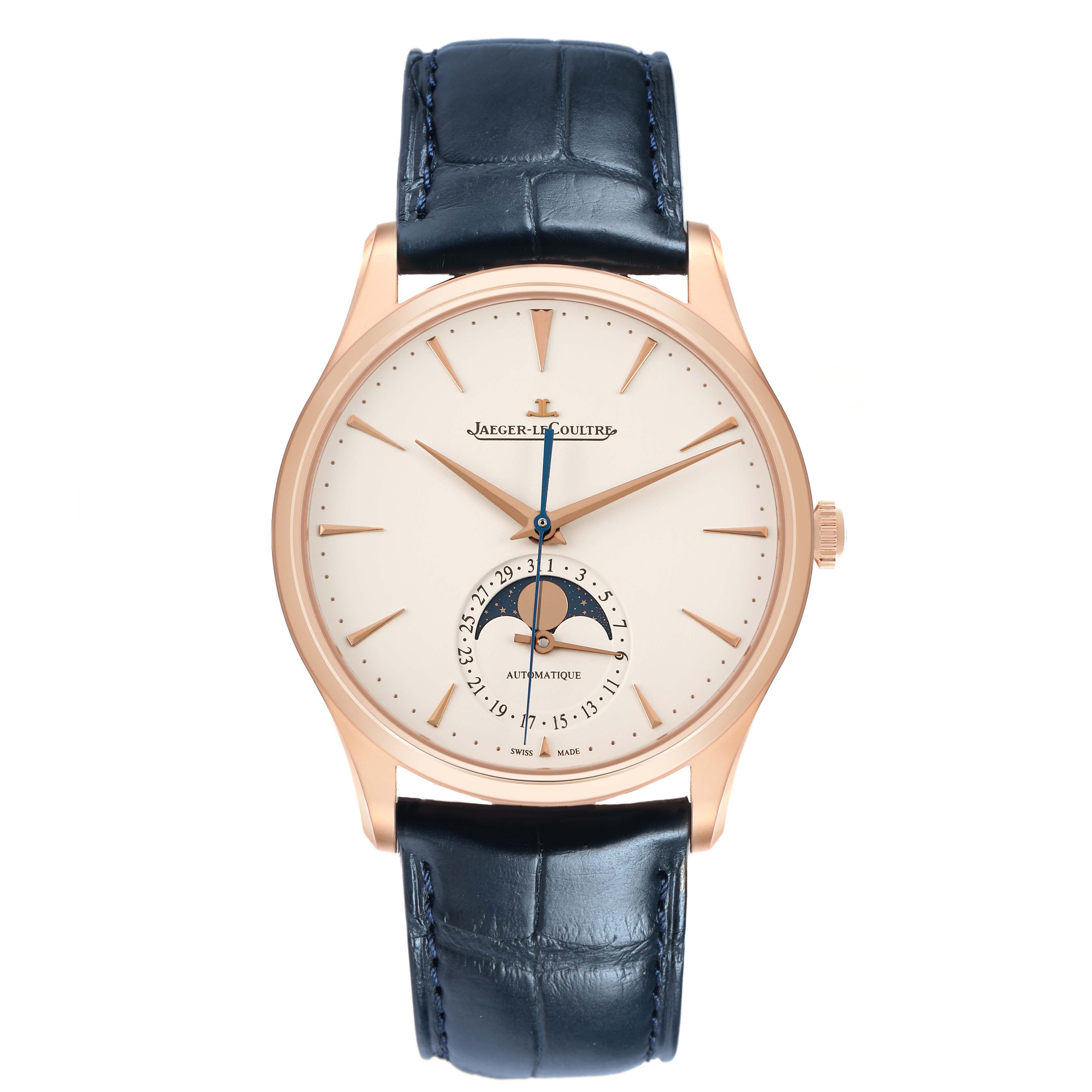 The Jaeger-LeCoultre Master model is shown from the front, highlighting the dial, moon phase, and date subdial.