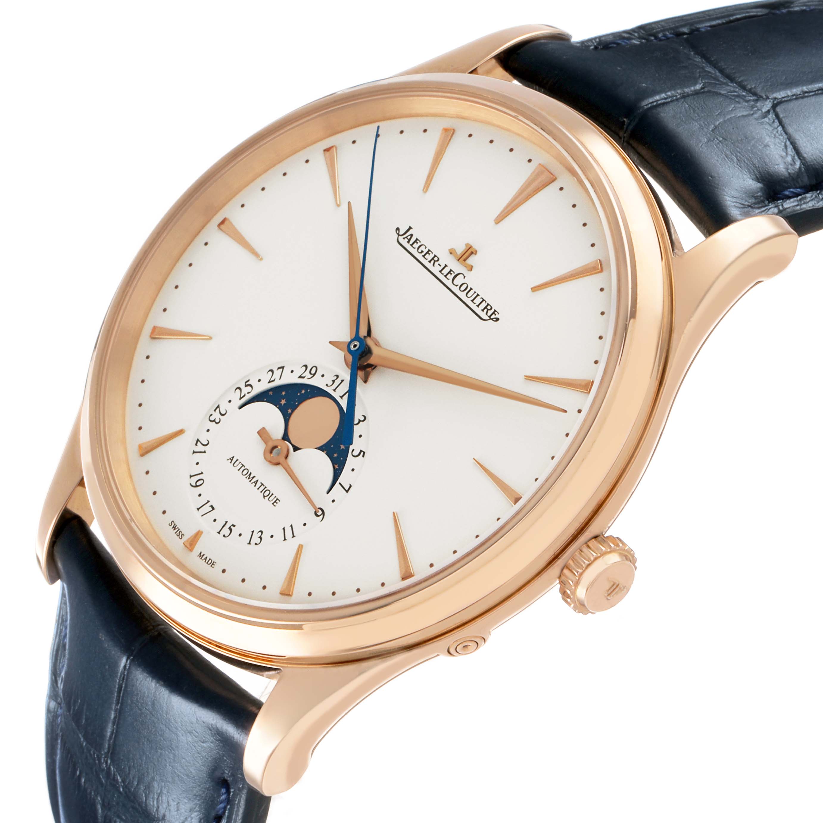 The Jaeger LeCoultre Master Q1362510 Men's Rose Gold Beige Dial watch is shown from a three-quarter angle, highlighting the dial, case, crown, and leather strap.
