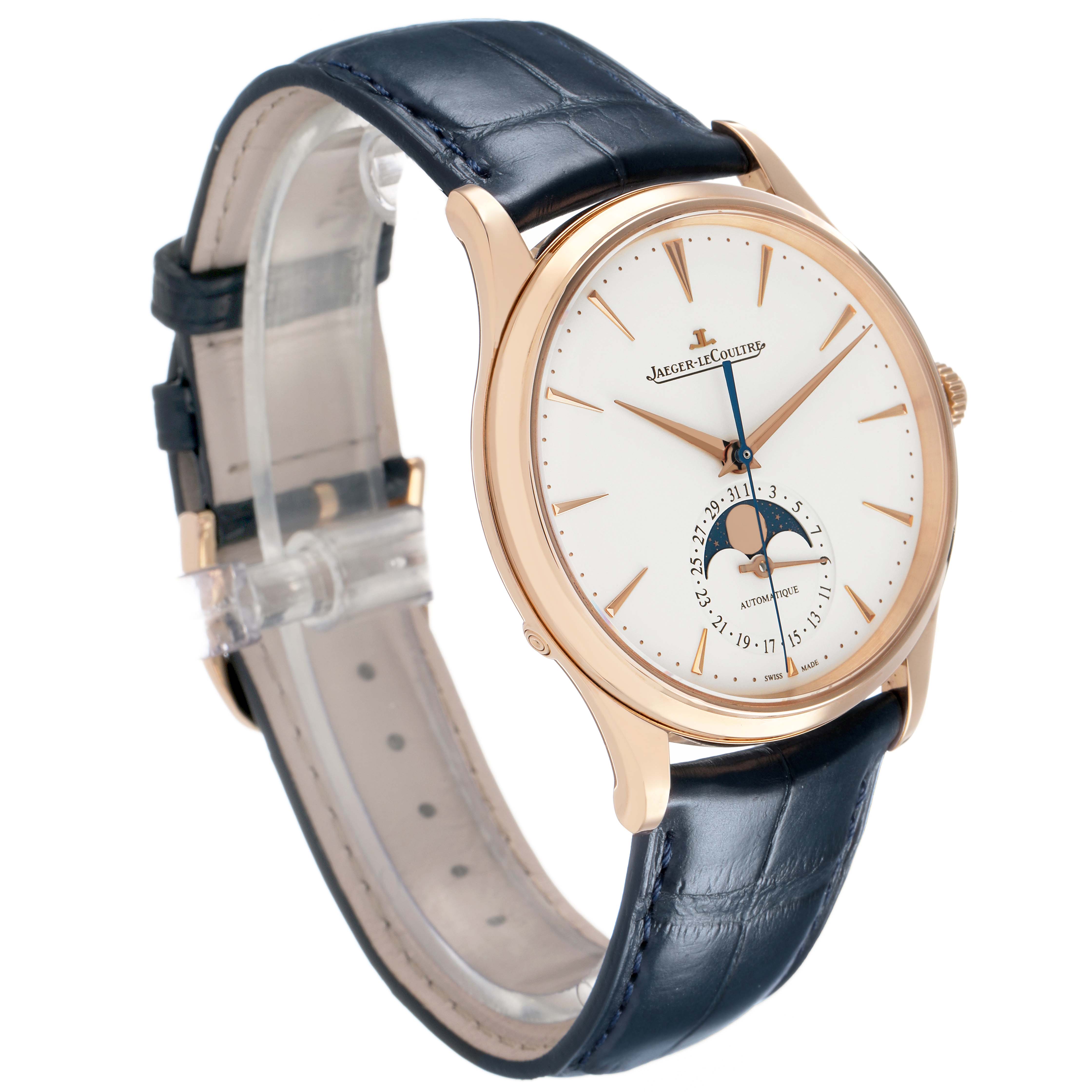 The Jaeger-LeCoultre Master watch is shown at a three-quarter angle, displaying its dial, case, strap, and moon phase complication.