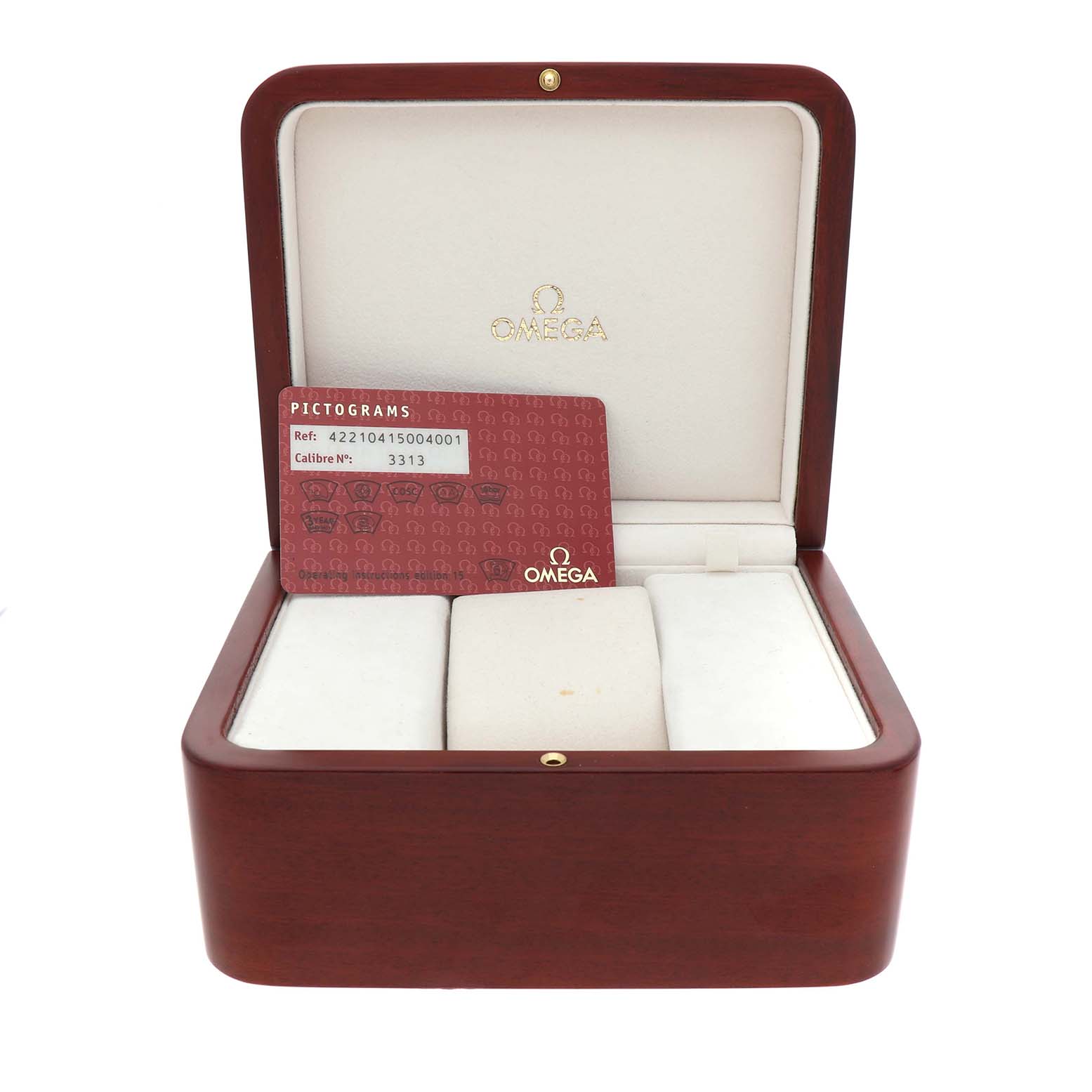 The image shows an open Omega De Ville 422.10.41.50.04.001 Men's Stainless Steel White Dial watch box with a red card displaying reference and caliber numbers.