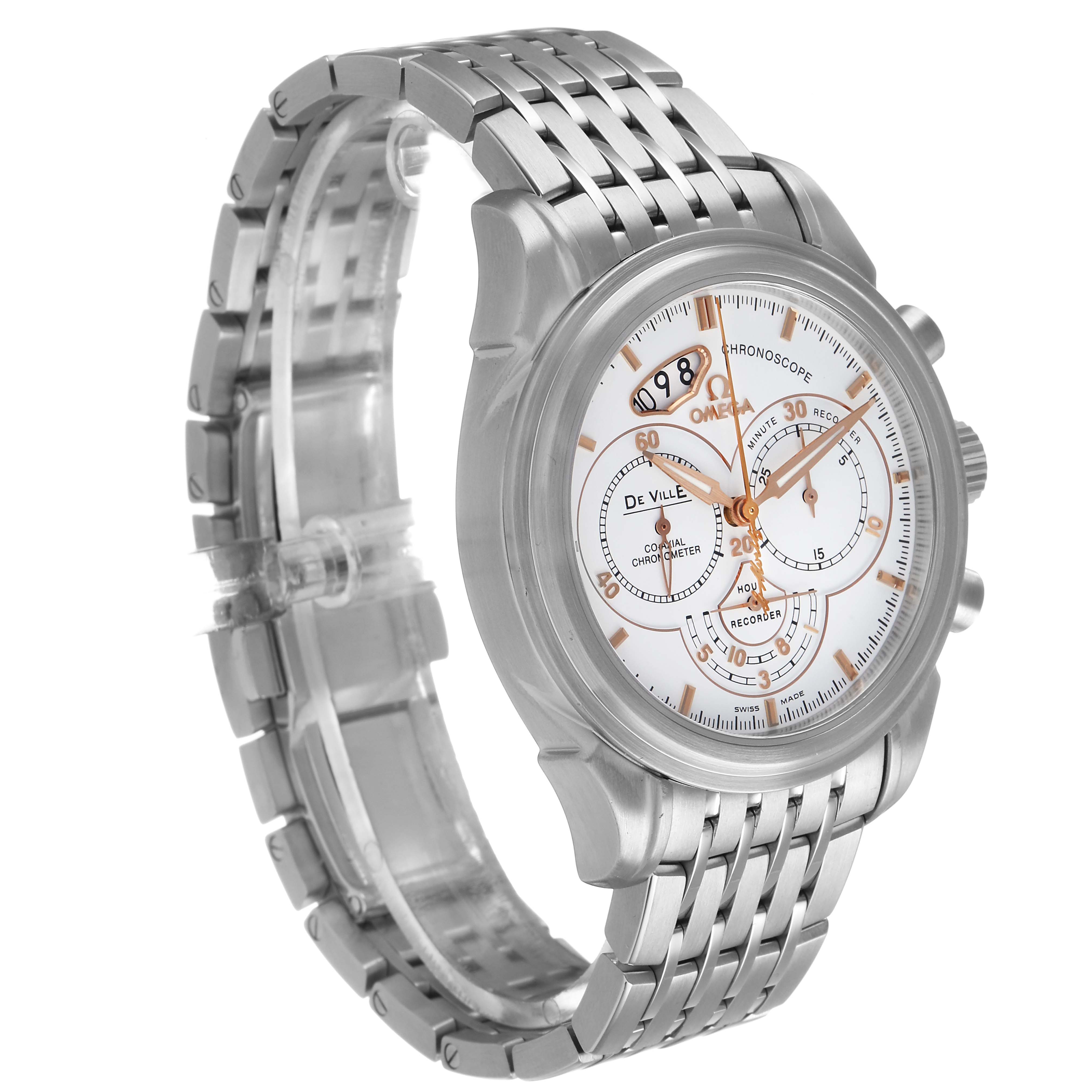This Omega De Ville 422.10.41.50.04.001 Men's Stainless Steel White Dial watch is shown from a front-left angle, displaying the face and metal bracelet prominently.