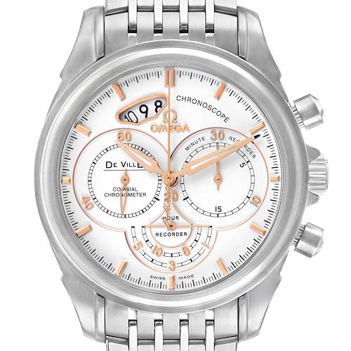 The image shows a frontal view of the Omega De Ville 422.10.41.50.04.001 Men's Stainless Steel White Dial watch, highlighting its dial, case, crown, and bracelet.