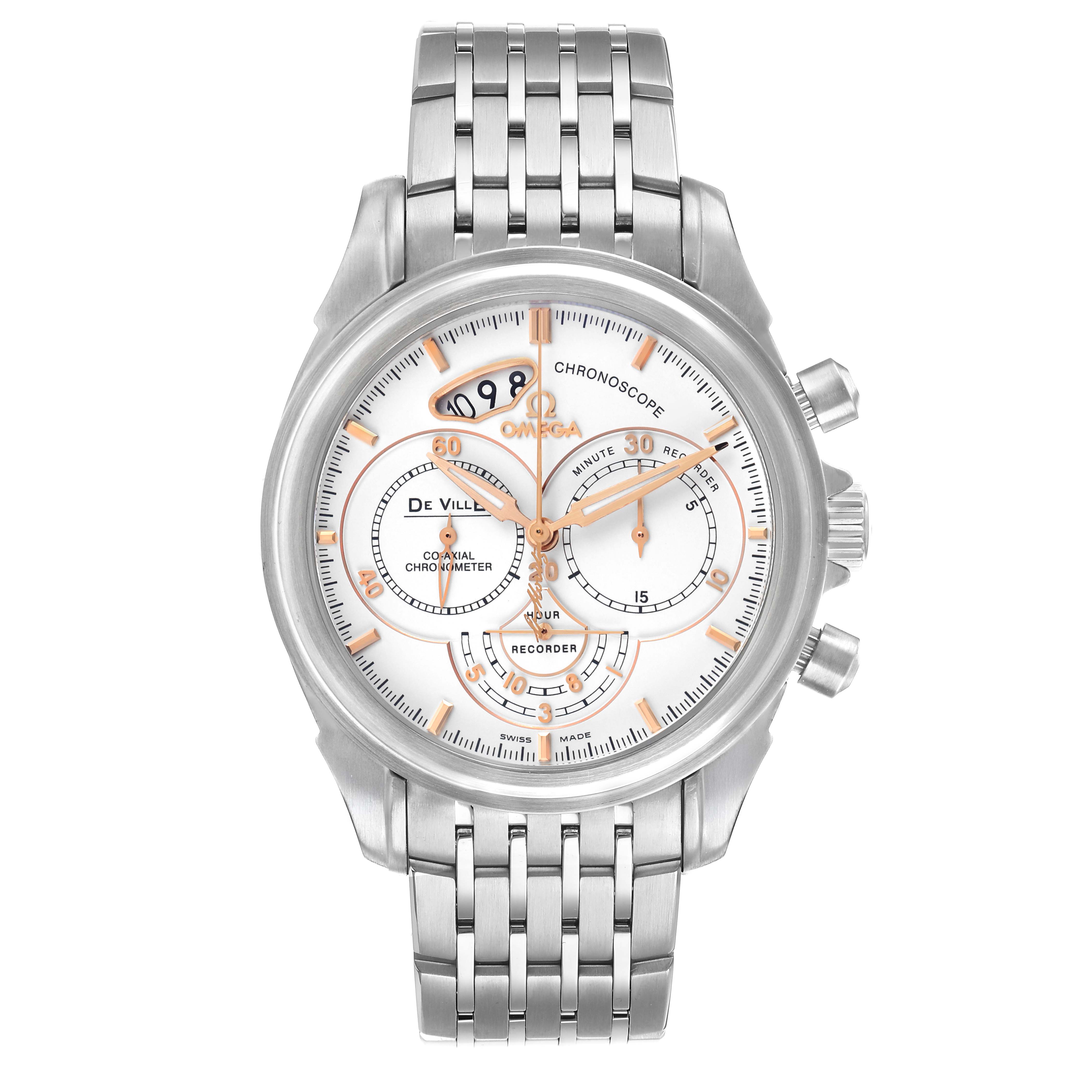 The Omega De Ville 422.10.41.50.04.001 Men's Stainless Steel White Dial watch is shown from a front angle, highlighting the dial, chronograph subdials, and stainless steel bracelet.