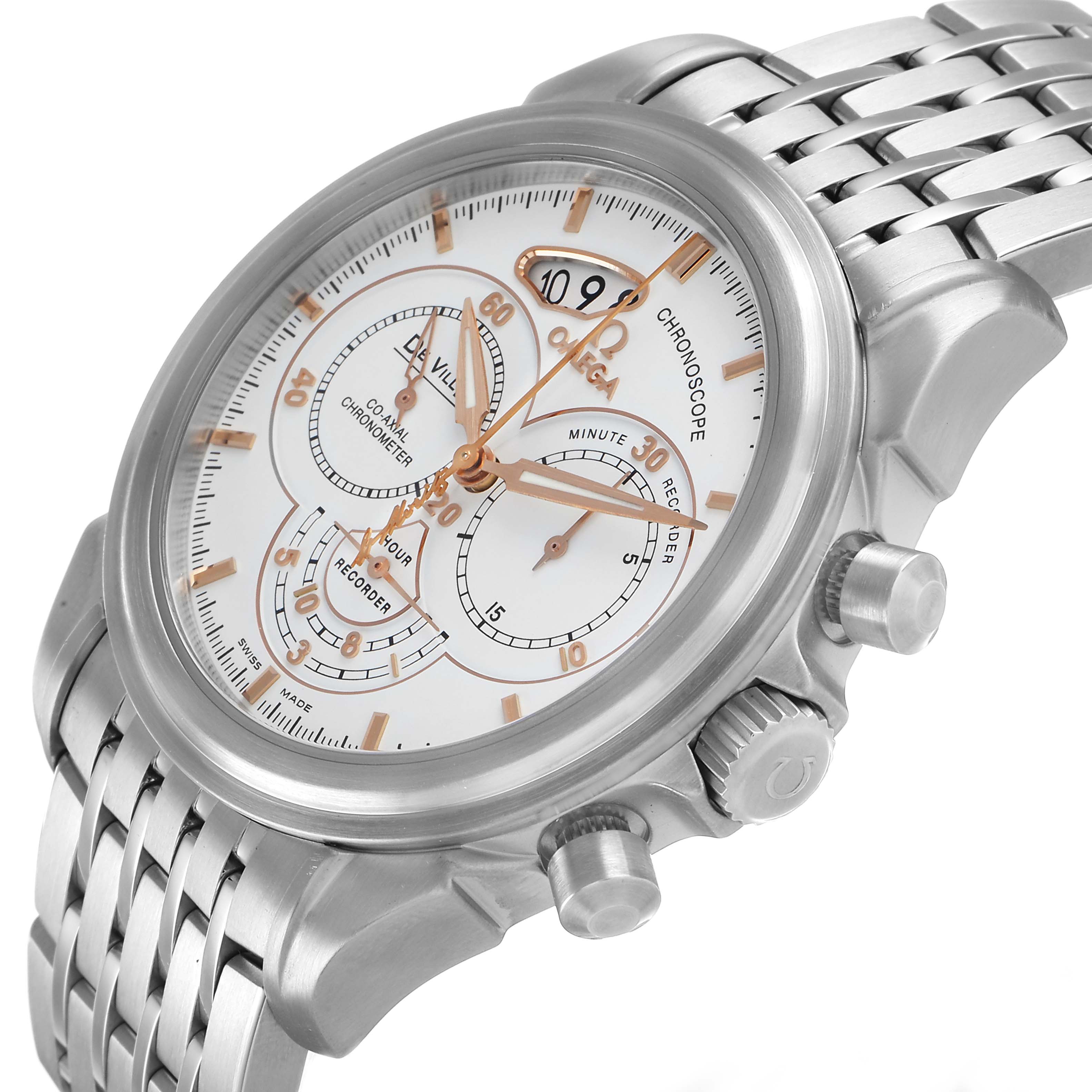 The Omega De Ville 422.10.41.50.04.001 Men's Stainless Steel White Dial watch is shown at a three-quarter angle, highlighting the face, chronograph dials, and metal bracelet.