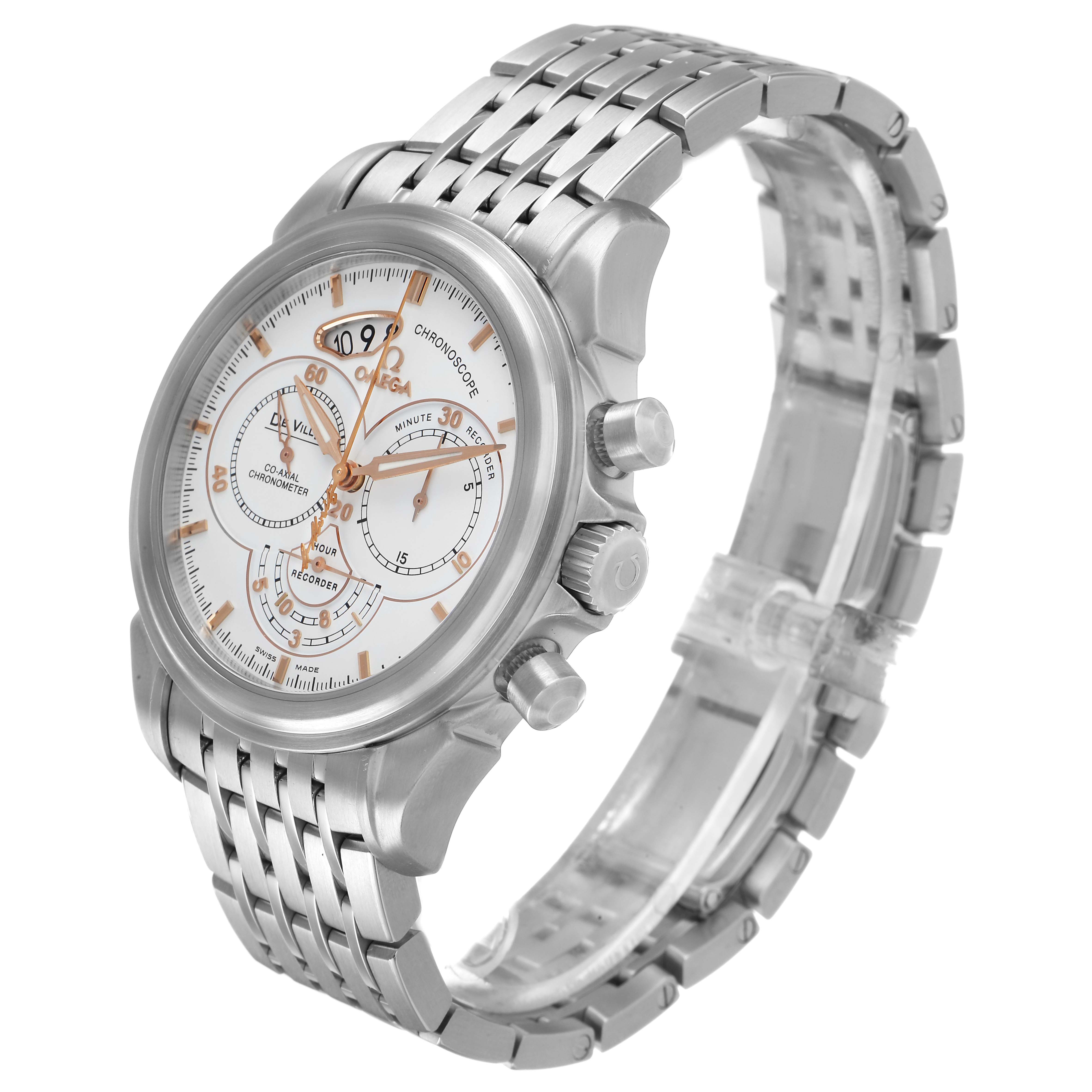 The Omega De Ville 422.10.41.50.04.001 Men's Stainless Steel White Dial watch is shown at a three-quarter angle, highlighting the face, bezel, and metal bracelet.