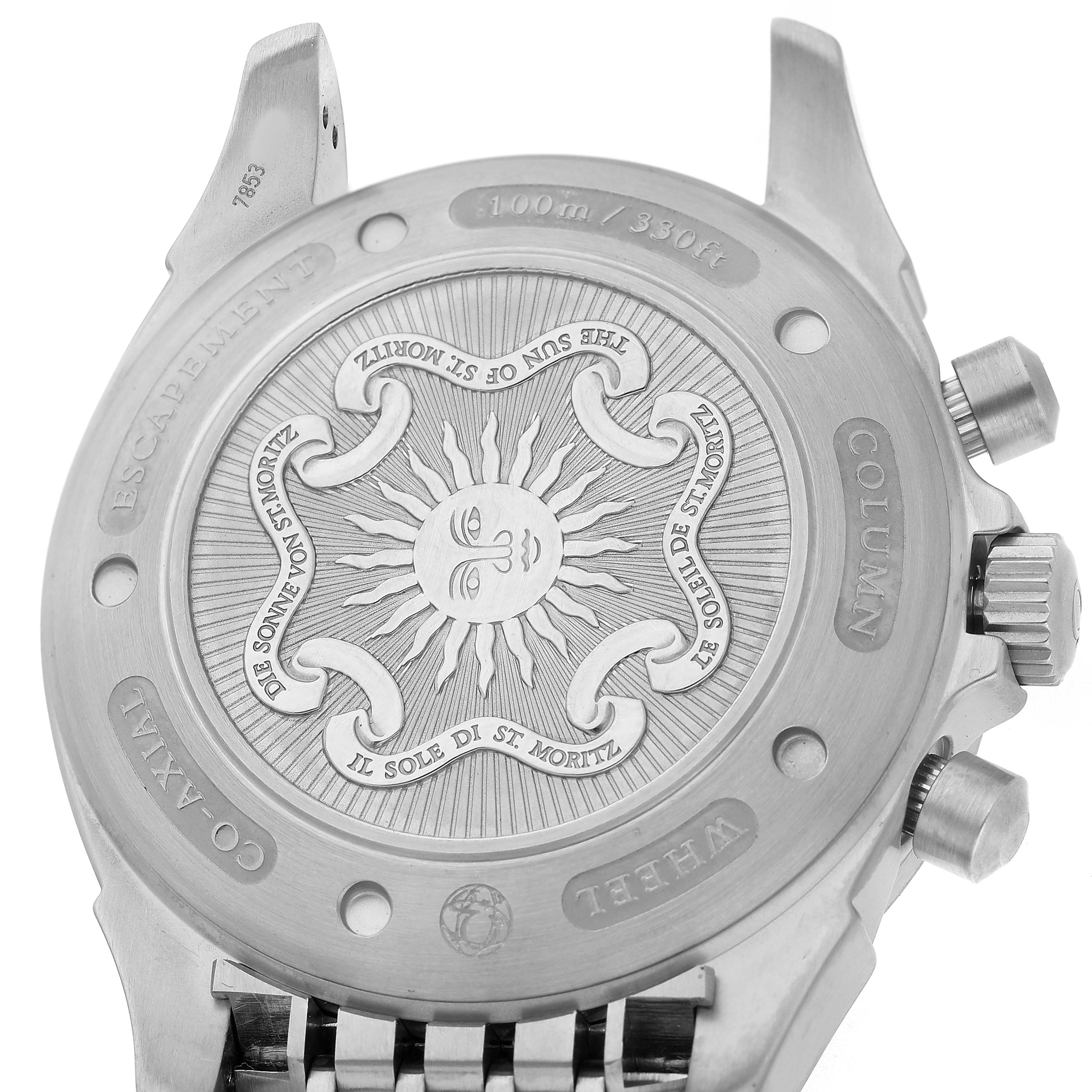 The image shows the back case of an Omega De Ville 422.10.41.50.04.001 Men's Stainless Steel White Dial watch with engravings and decorative sun motif detailing.