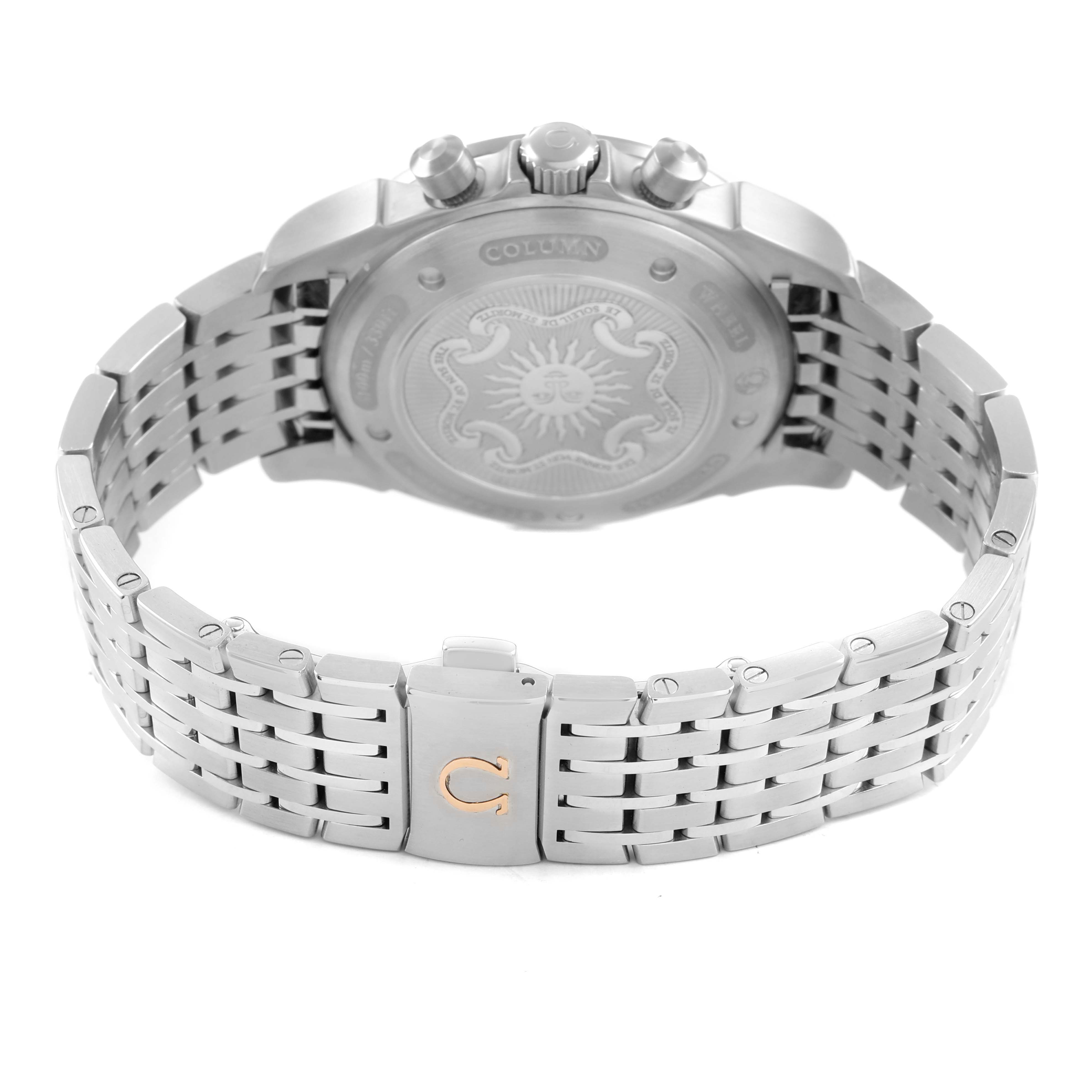 The image shows the back case and bracelet of the Omega De Ville 422.10.41.50.04.001 Men's Stainless Steel White Dial watch, highlighting the engraved back and clasp details.